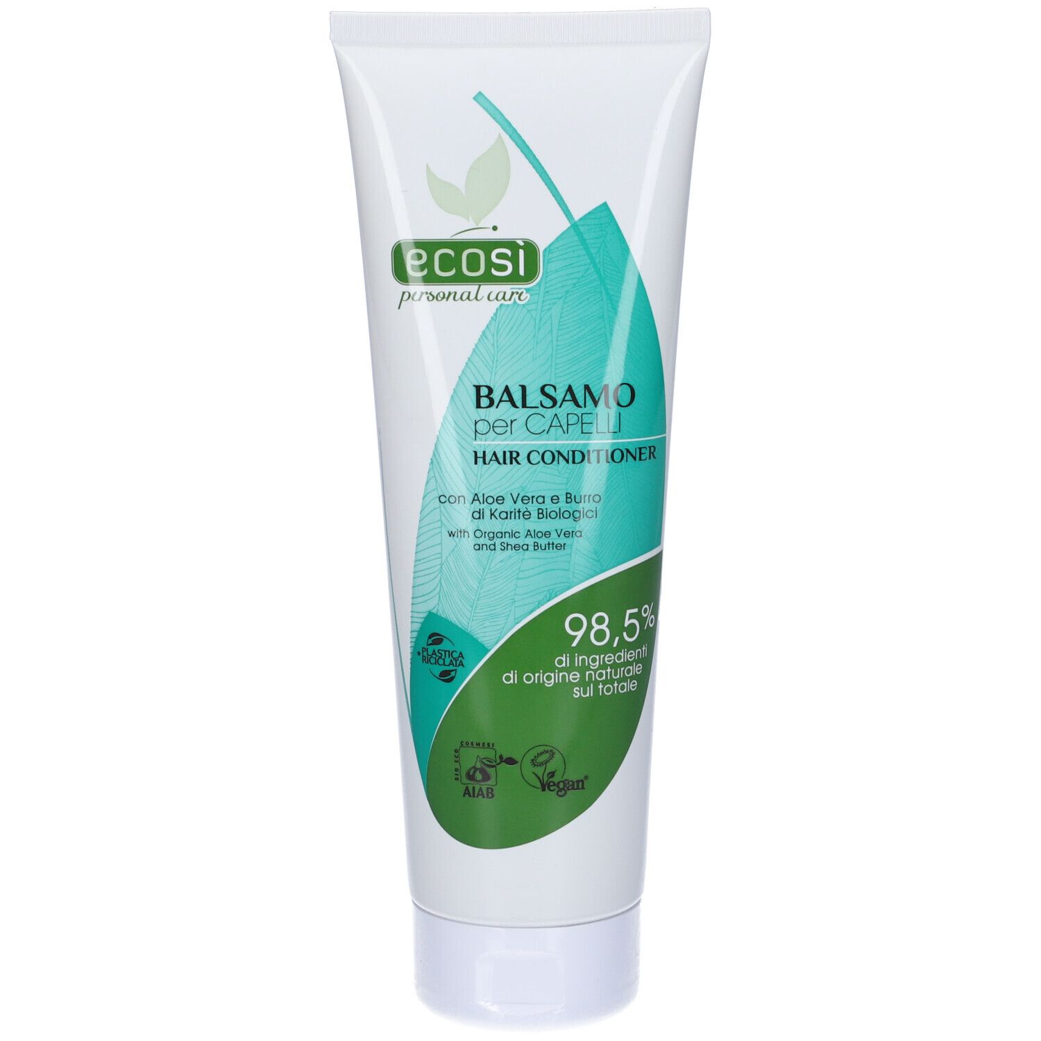 Tubo bianco con etichetta verde e blu. Testo: Balsamo per Capelli, Hair Conditioner. Logo: Ecosi personal care. 98,5% ingredienti di origine naturale.