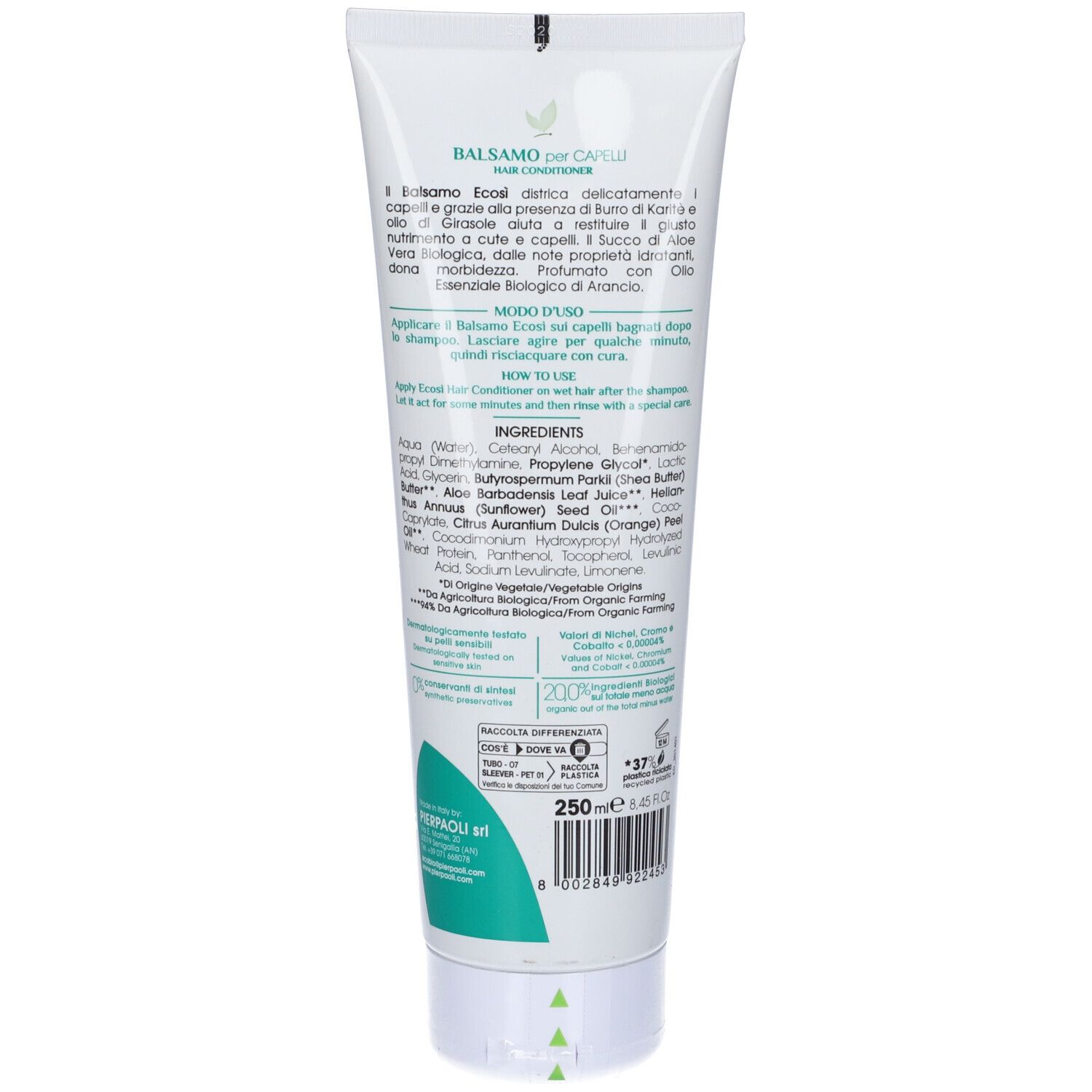 Retro di un tubo bianco. Testo: Balsamo per Capelli, ingredienti, istruzioni per l'uso. Logo: Ecosi. 250 ml. Elementi verdi e blu.