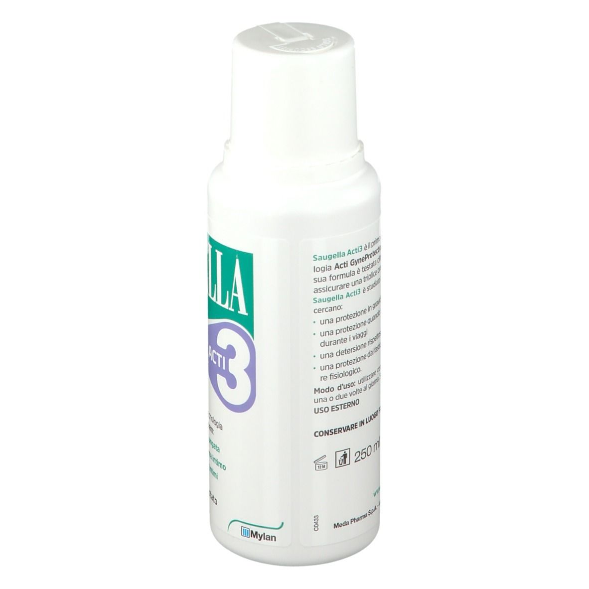 Flacone bianco con etichetta. SAUGELLA ACTI 3. Scritto: 250 ml. Vista posteriore.