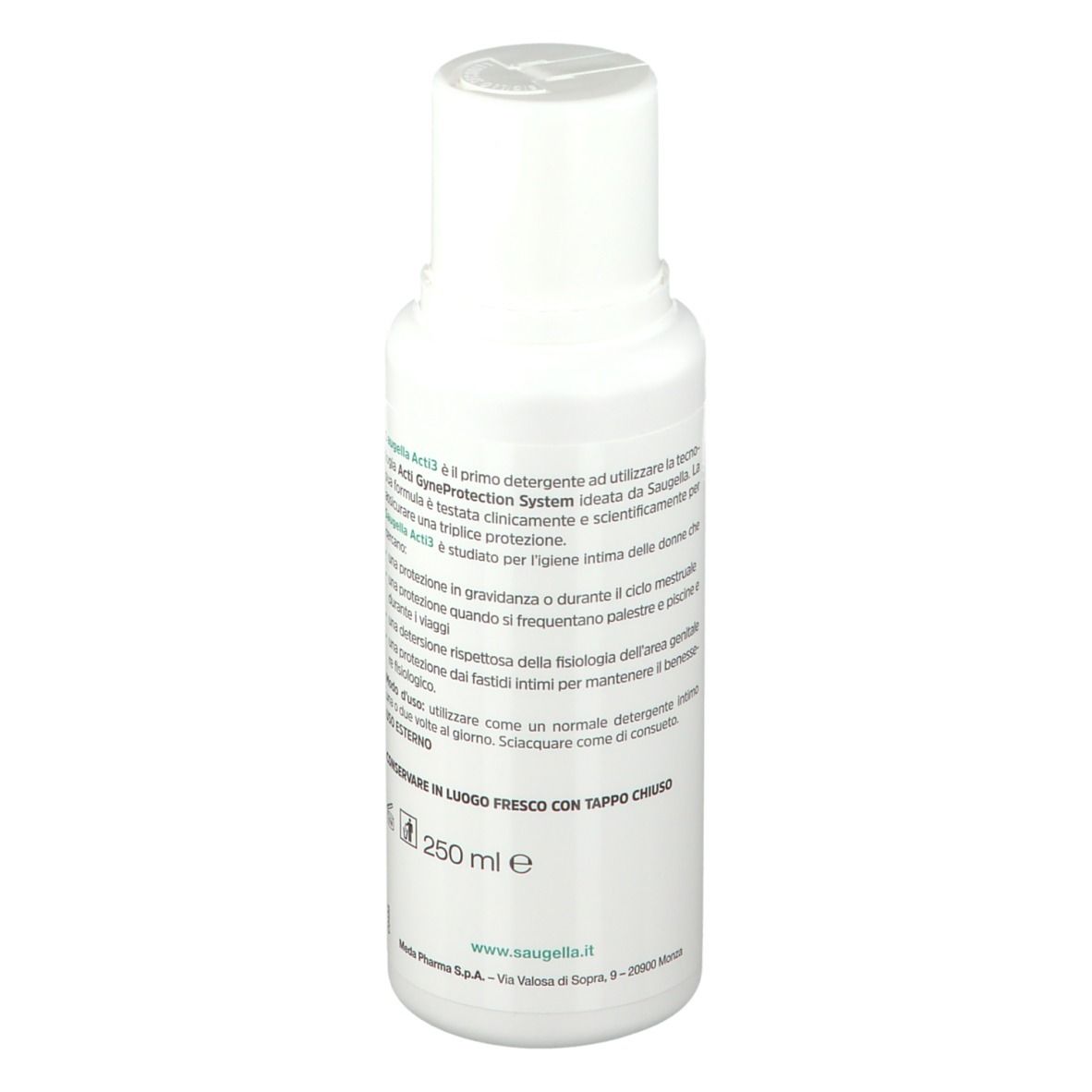 Flacone bianco con etichetta. SAUGELLA ACTI 3. Scritto: 250 ml. Vista posteriore.