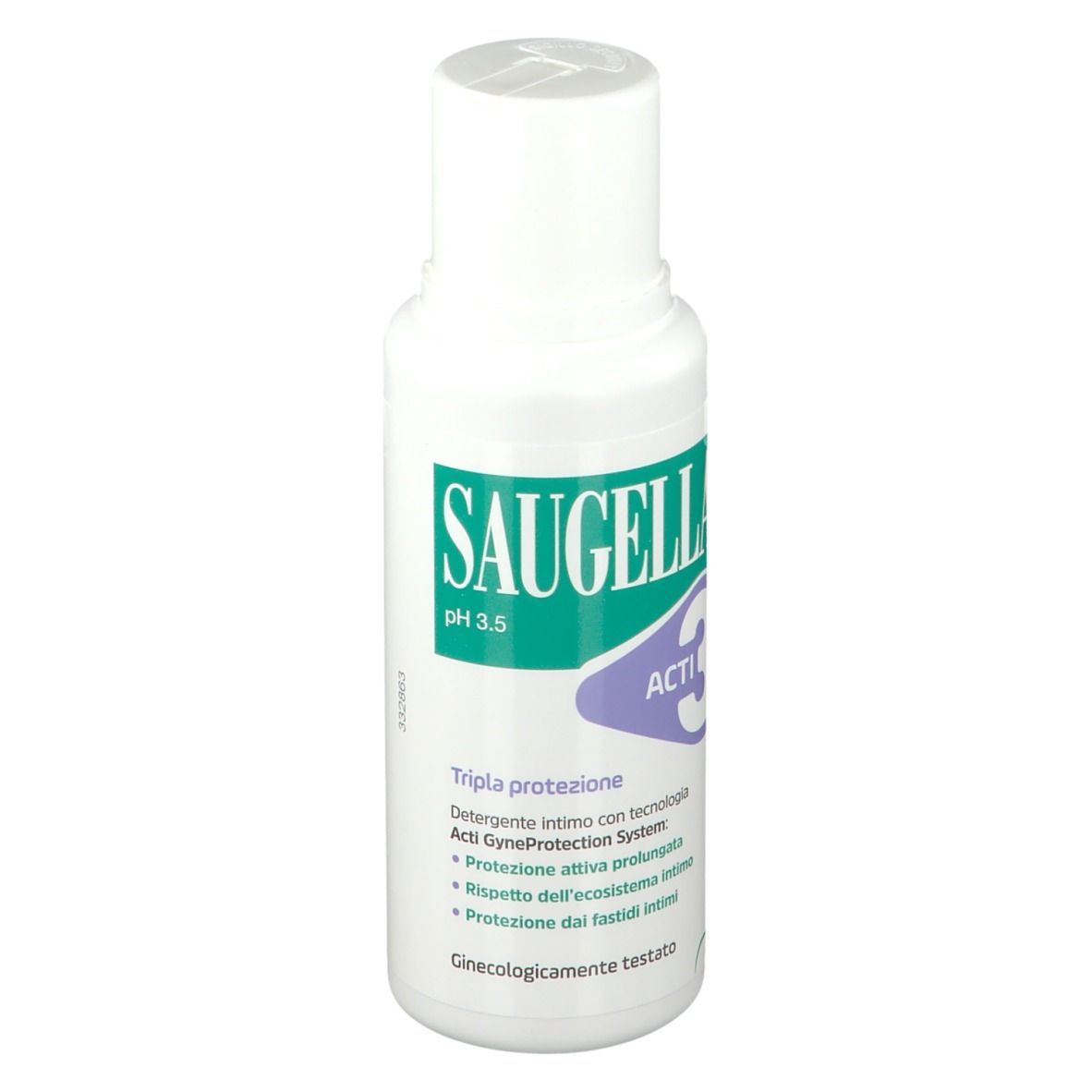 Flacone bianco con etichetta verde e viola. SAUGELLA pH 3.5 ACTI 3. Scritto: Tripla protezione.