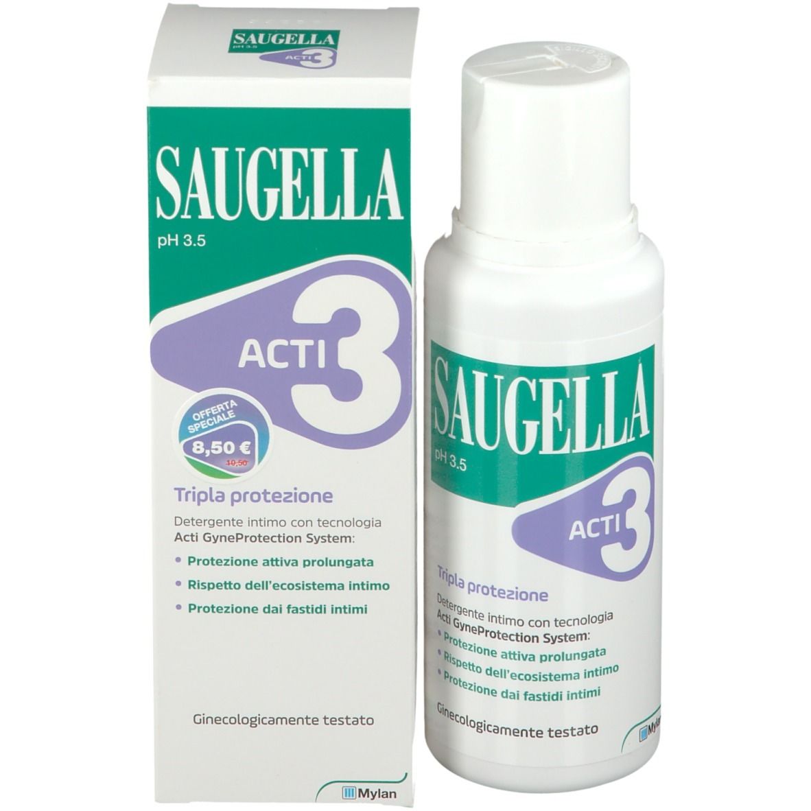Flacone e confezione SAUGELLA ACTI 3. Scritto: Tripla protezione. Offerta: 8,50 €.