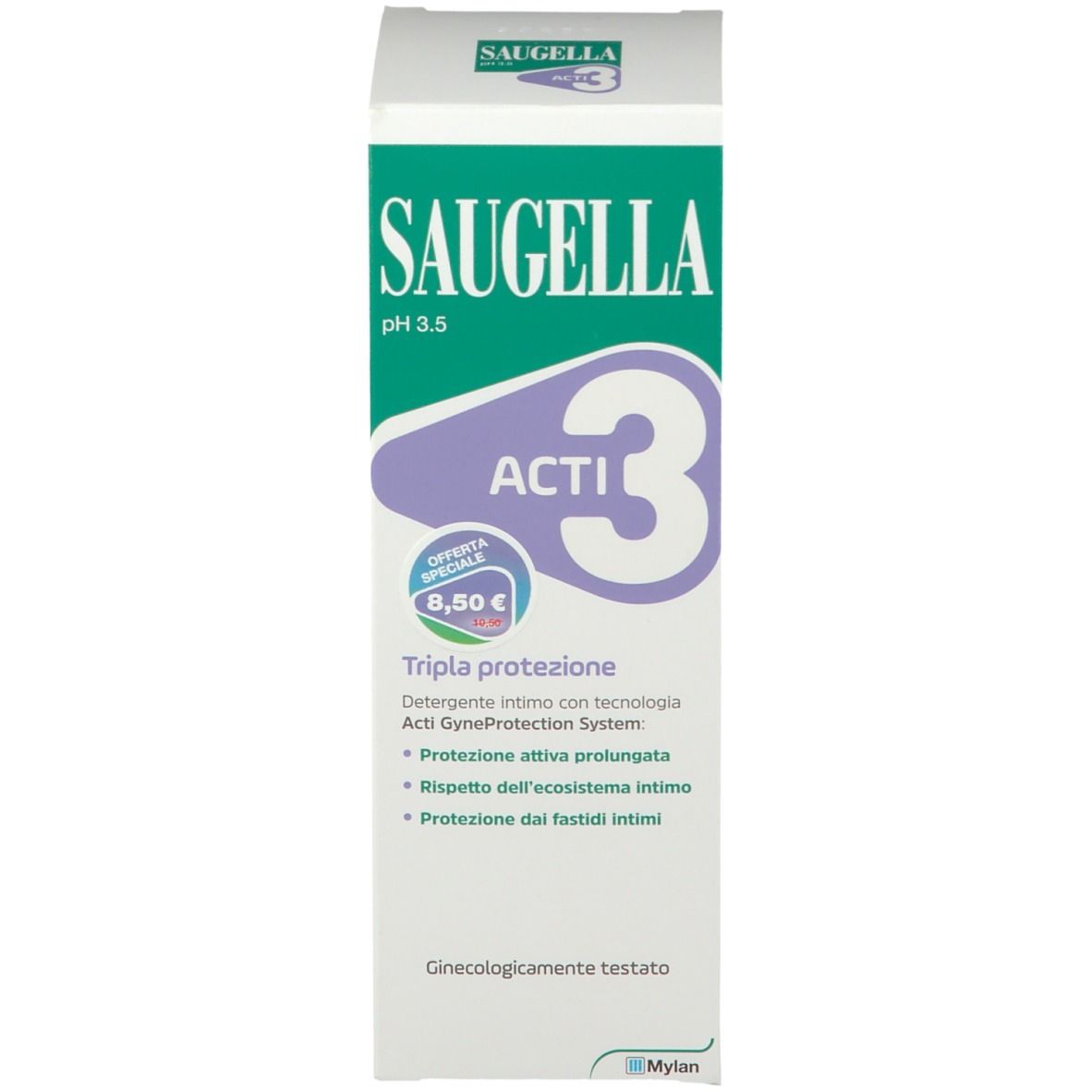 Confezione SAUGELLA ACTI 3. Scritto: Tripla protezione. Offerta: 8,50 €.