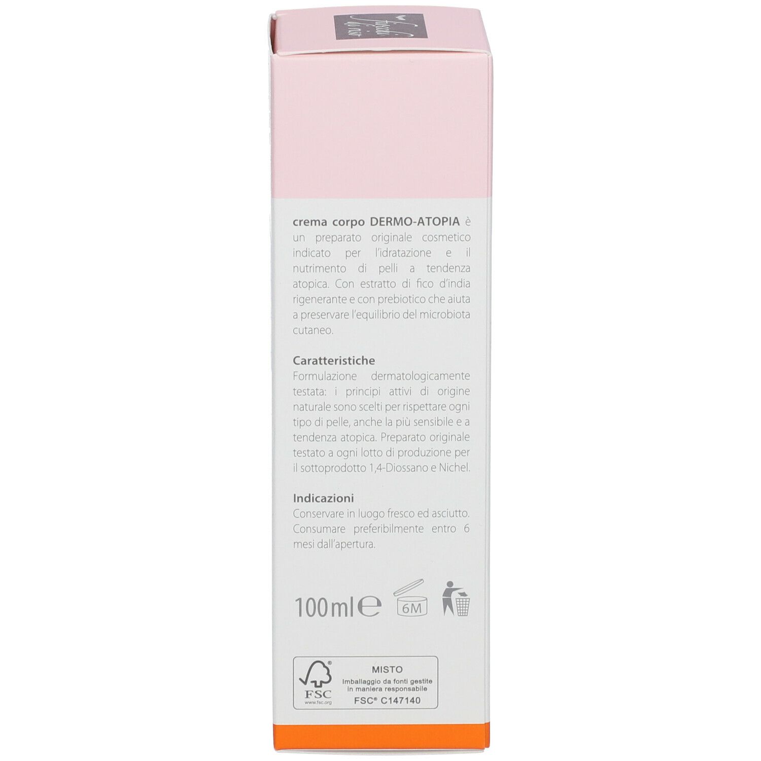 Retro della confezione. Testo sul prodotto. Sigillo FSC. Volume: 100ml. Simbolo di riciclo.