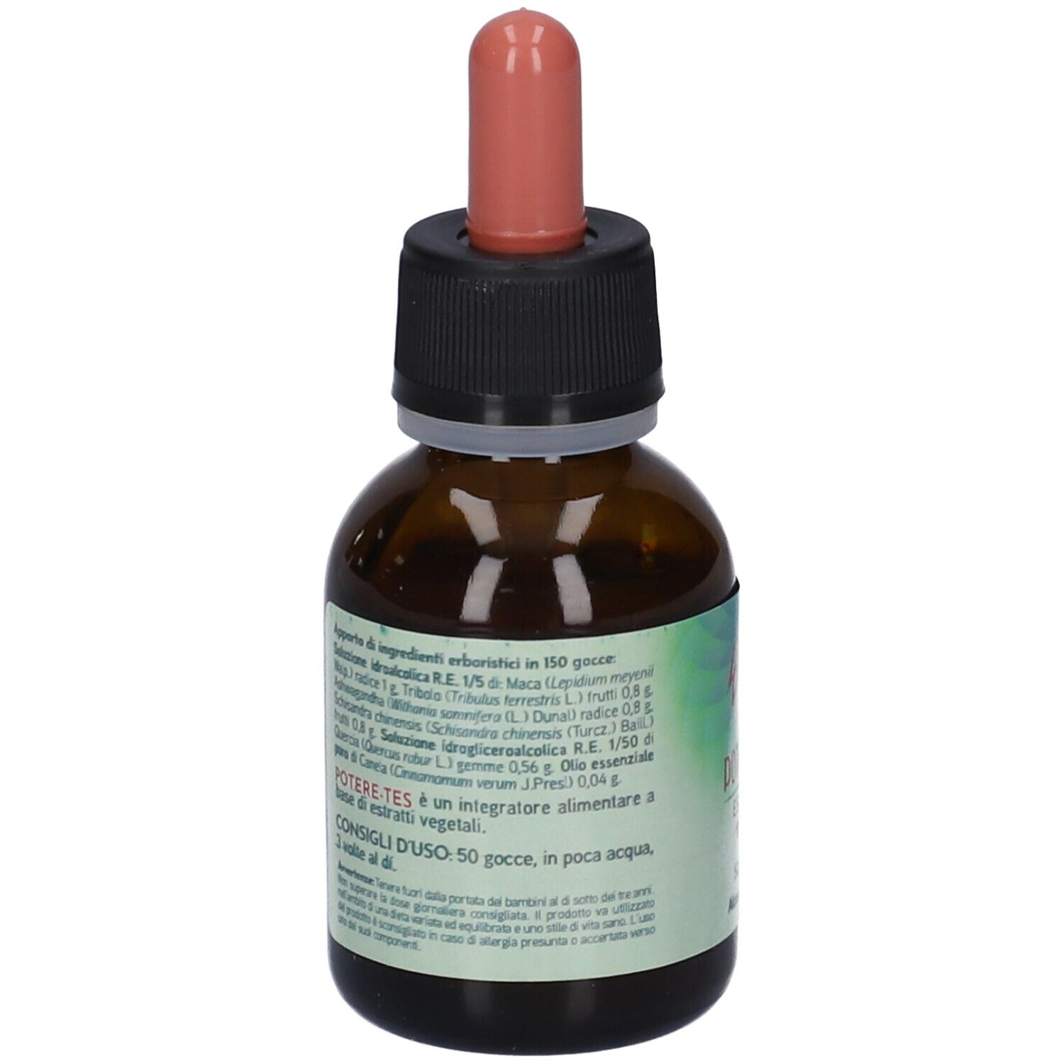 Flacone di vetro marrone con contagocce. Scritta: Potere-Tes Essenza Rossa. Etichetta con ingredienti. Contagocce e tappo neri e rossi.