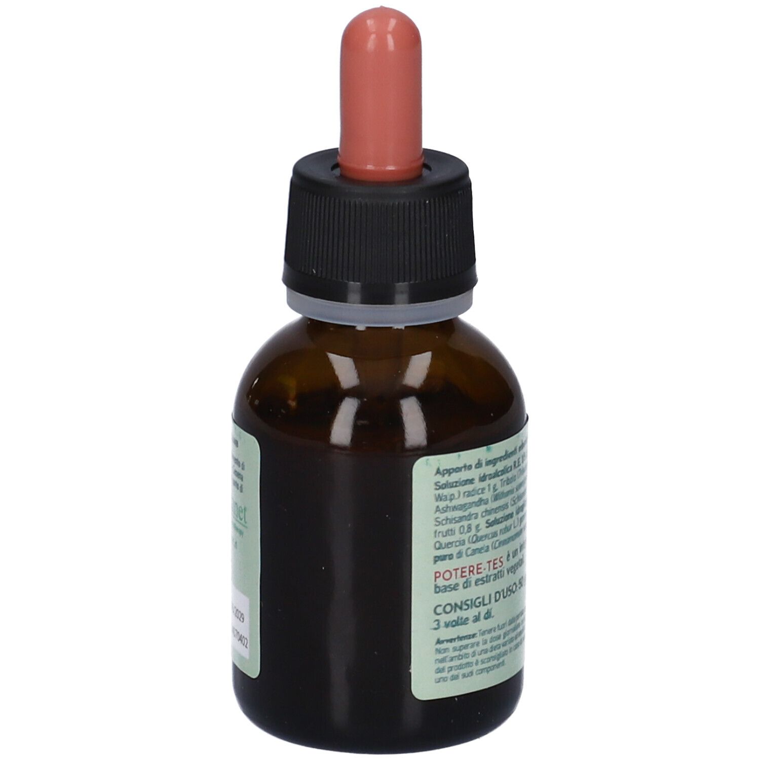 Flacone di vetro marrone con contagocce. Scritta: Potere-Tes Essenza Rossa. Etichetta con ingredienti. Contagocce e tappo neri e rossi.