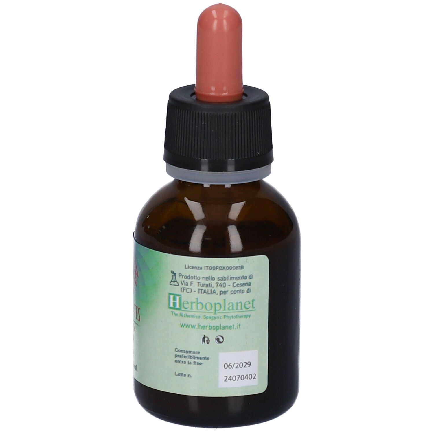 Flacone di vetro marrone con contagocce. Scritta: Potere-Tes Essenza Rossa. Etichetta con informazioni produttore. Contagocce e tappo neri e rossi.