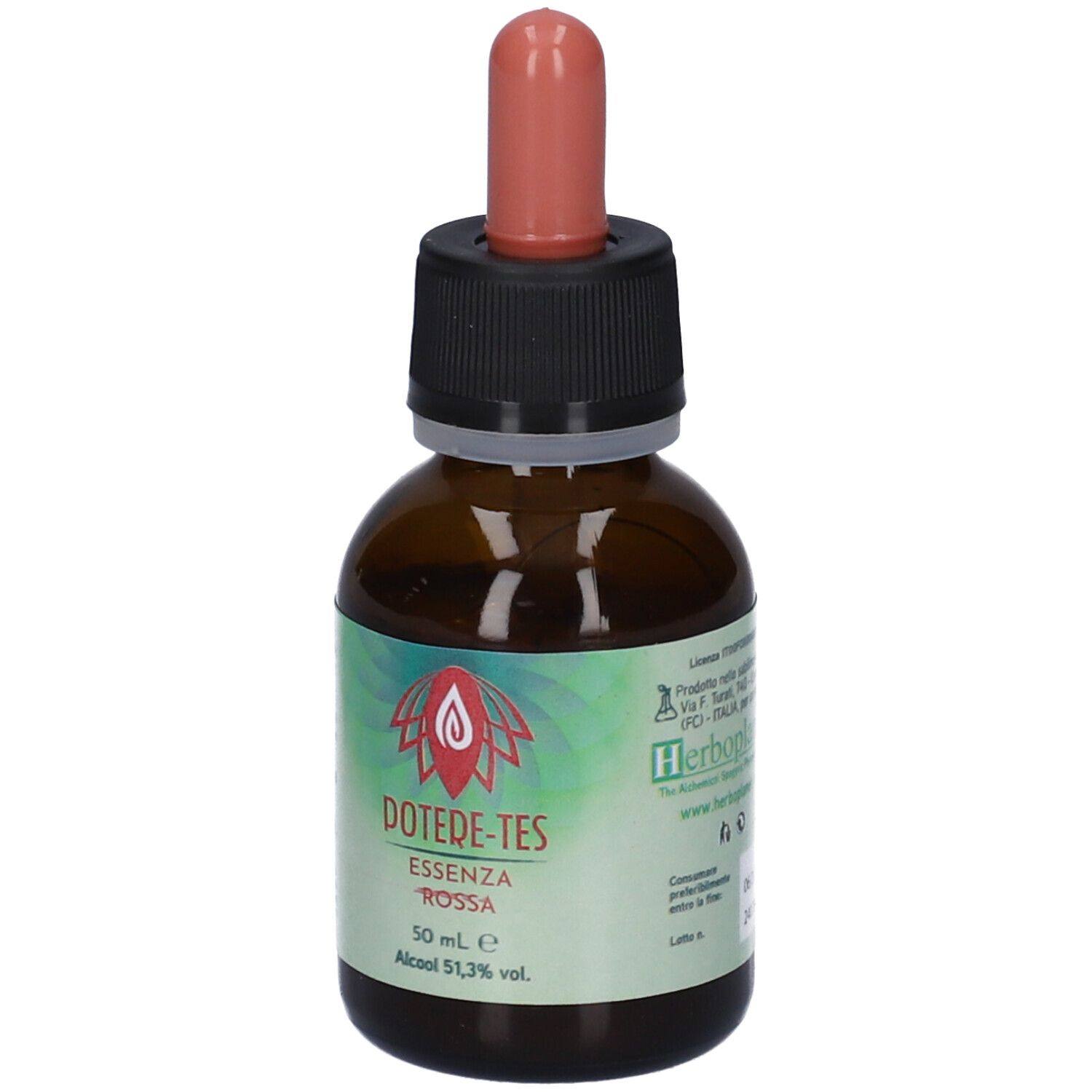 Flacone di vetro marrone con contagocce. Scritta: Potere-Tes Essenza Rossa. Contagocce e tappo neri e rossi. Logo.