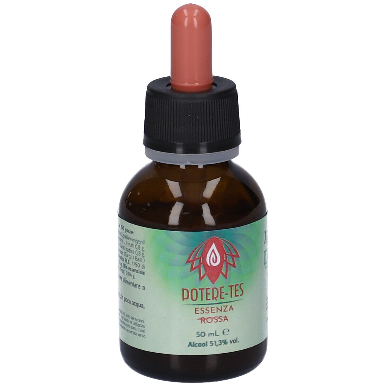 Flacone di vetro marrone con contagocce. Scritta: Potere-Tes Essenza Rossa. Contagocce e tappo neri e rossi. Logo.
