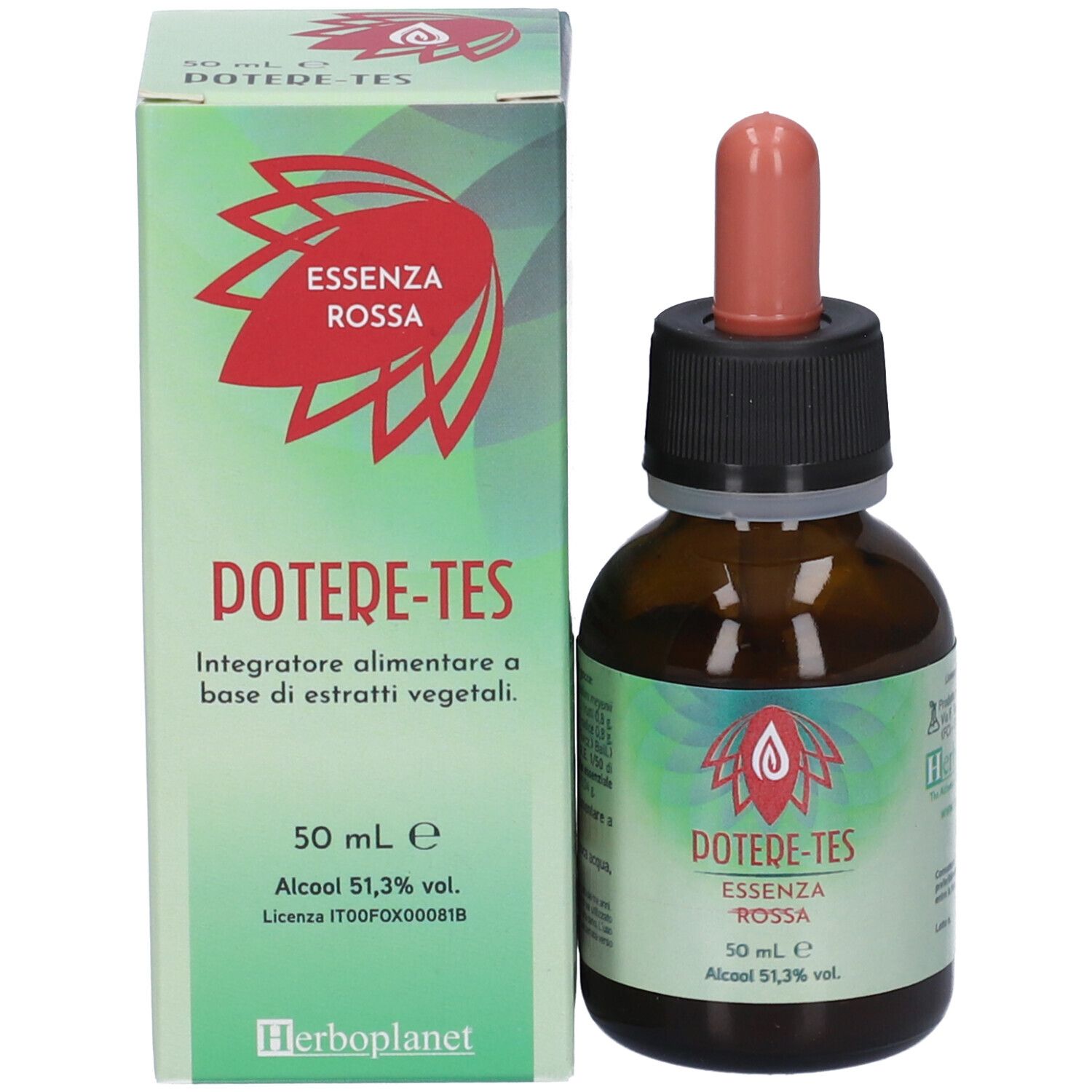 Flacone di vetro marrone con contagocce e confezione. Scritta: Potere-Tes Essenza Rossa. Contagocce e tappo neri e rossi.