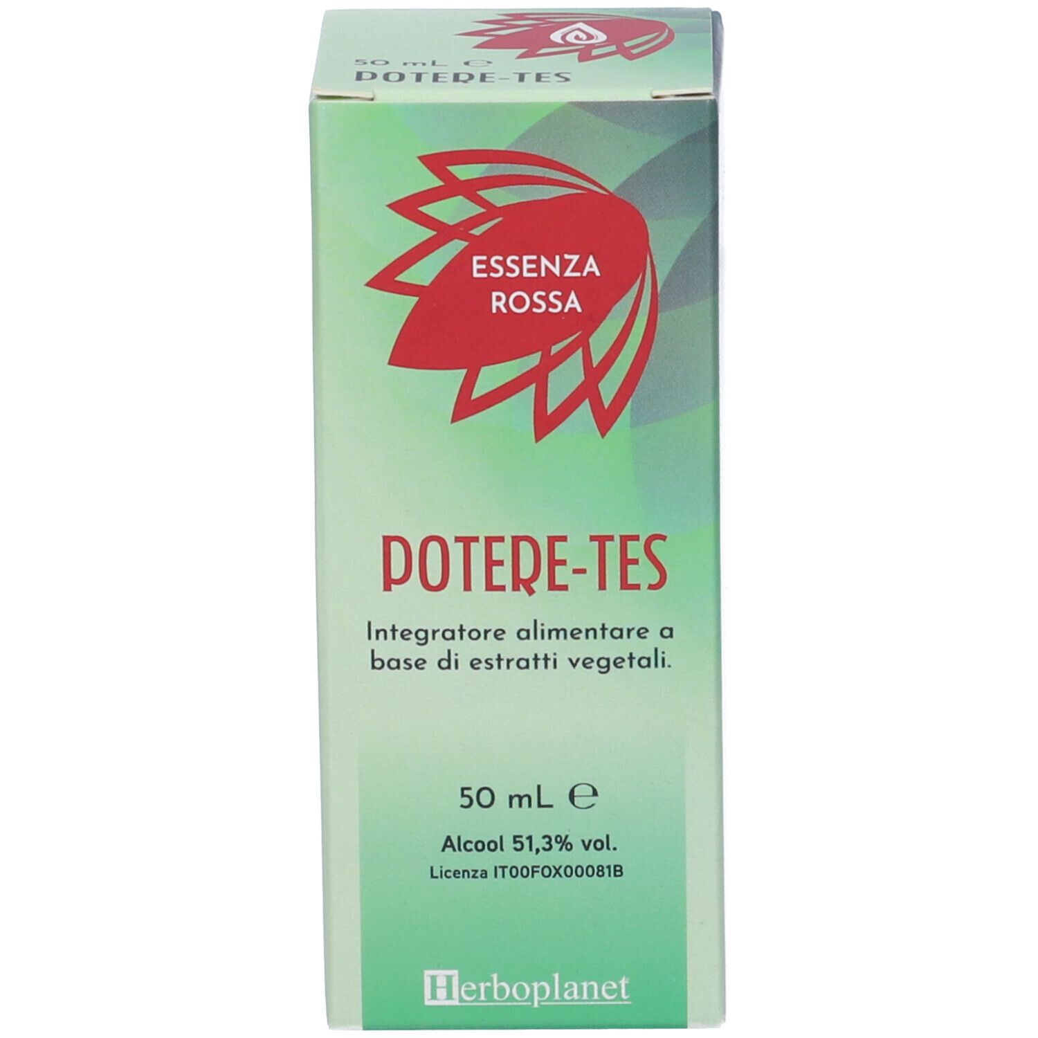 Confezione con scritta: Potere-Tes Essenza Rossa. Design verde e bianco. Flacone non visibile.