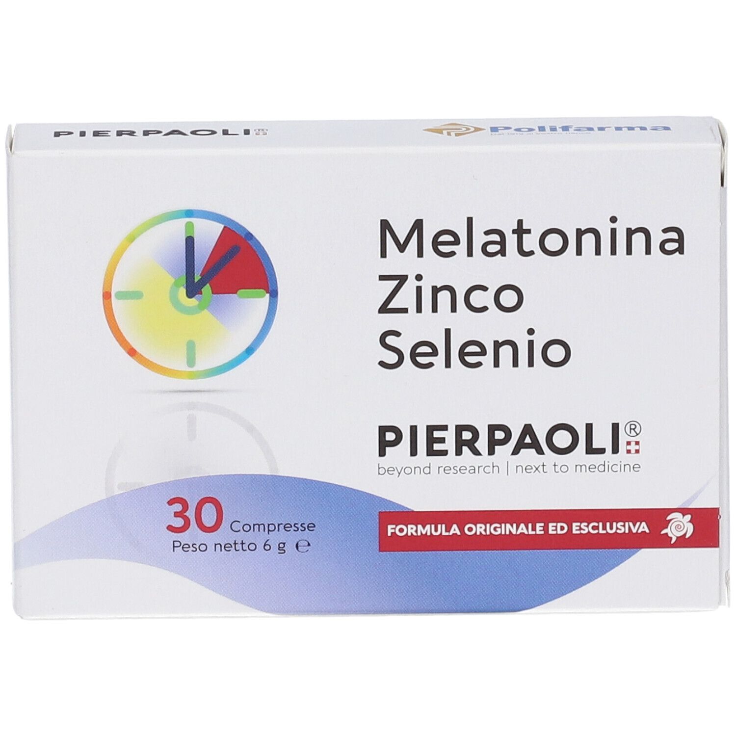 Scatola bianca con testo: Melatonina Zinco Selenio. 30 compresse. Logo orologio. Logo PIERPAOLI®.