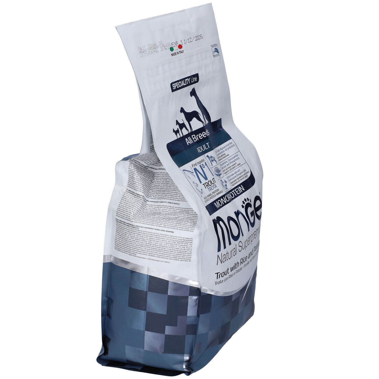 Sacchetto di cibo per cani Monge Natural Superpremium, vista laterale. Ingredienti: trota, riso e patate. 2,5 kg.