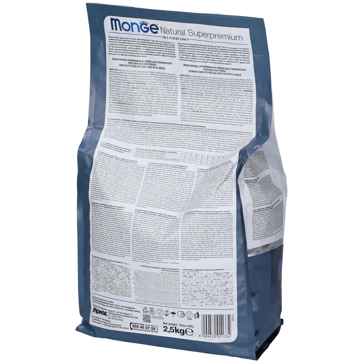 Retro del sacchetto di cibo per cani Monge Natural Superpremium. Informazioni testuali e lista ingredienti.