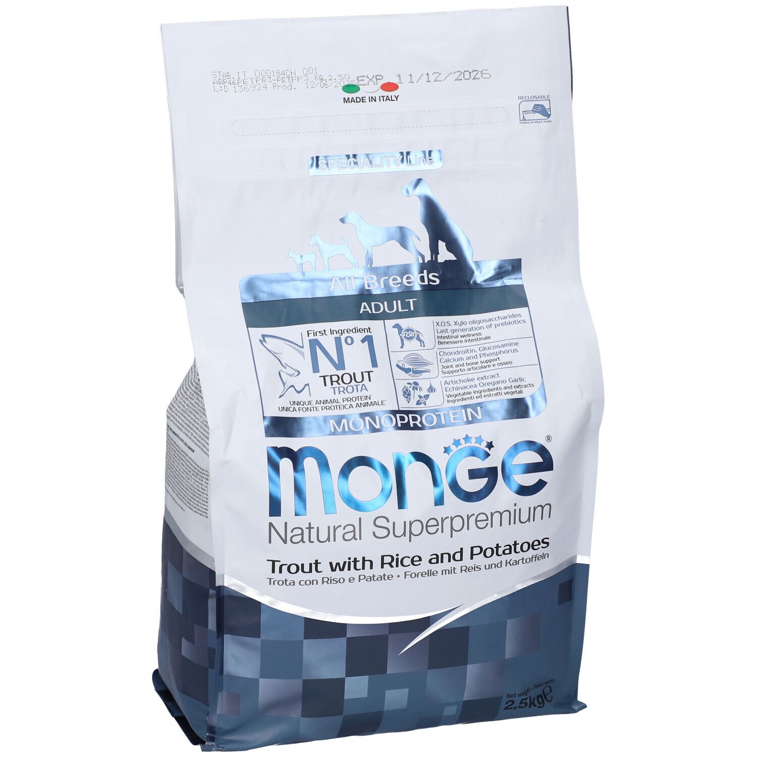 Sacchetto di cibo per cani Monge Natural Superpremium. Ingredienti: trota, riso e patate. 2,5 kg. Immagine di cani.