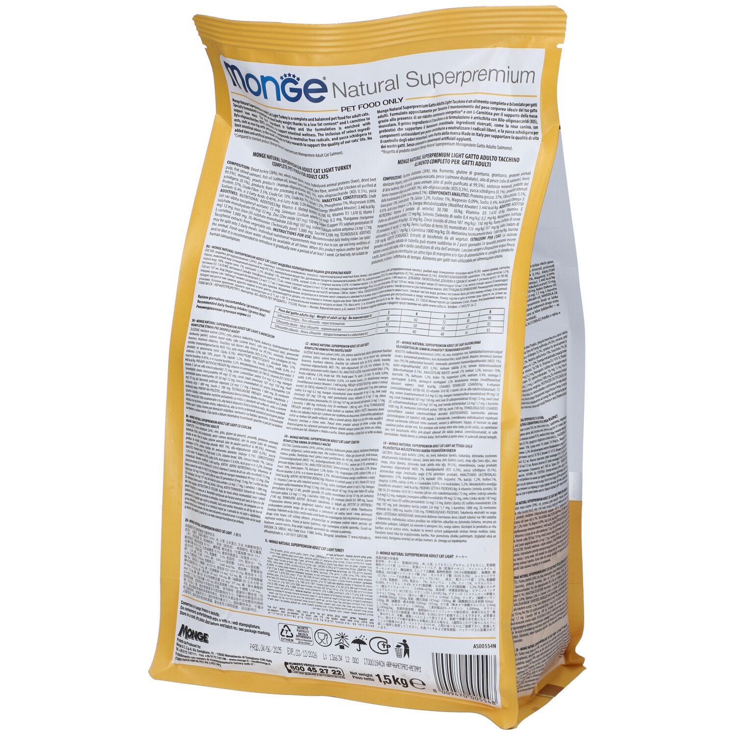 Retro del sacchetto di cibo per gatti Monge LIGHT. Testo multilingue. Sfondo giallo e bianco.