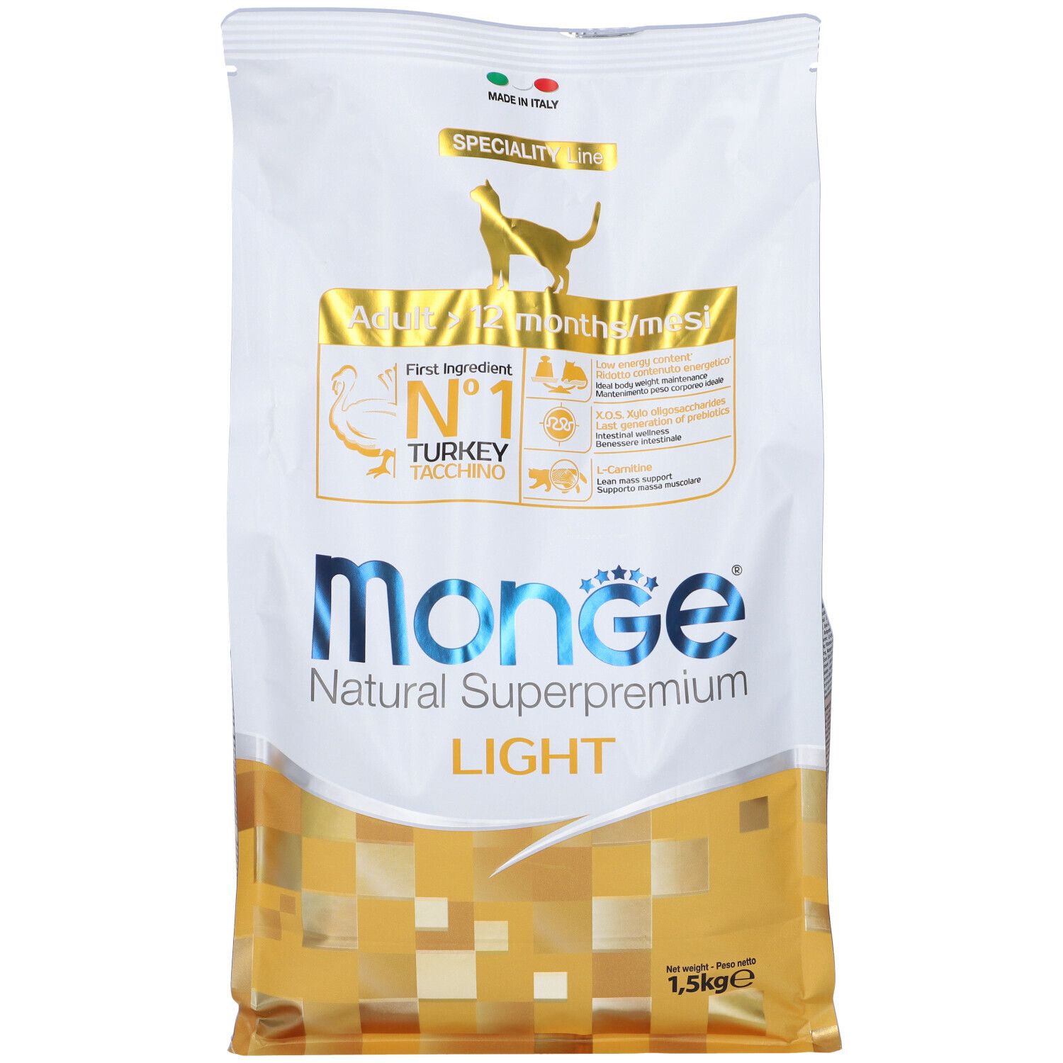 Sacchetto di cibo per gatti Monge LIGHT. Ingrediente principale tacchino. Logo e testo. Confezione dorata e bianca.