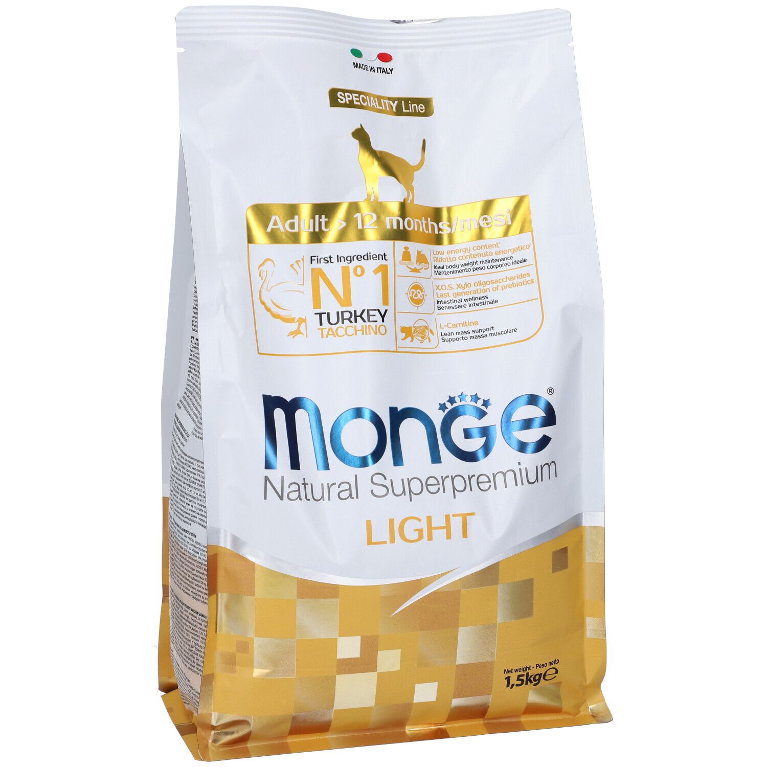 Sacchetto di cibo per gatti Monge LIGHT. Ingrediente principale tacchino. Logo e testo. Confezione dorata e bianca.
