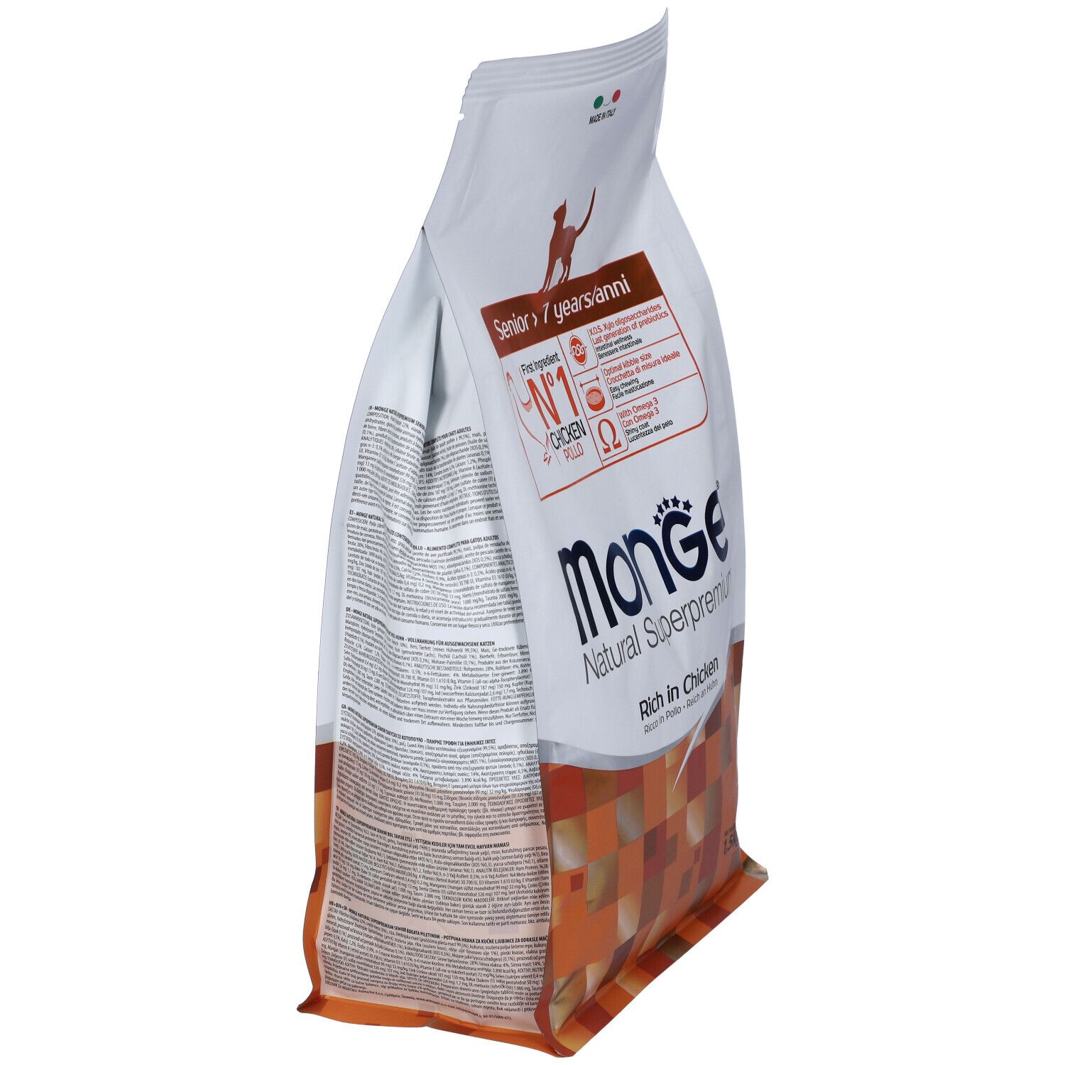 Monge Natural Superpremium per gatti senior, al pollo. Vista laterale della confezione. Contiene testo e loghi.