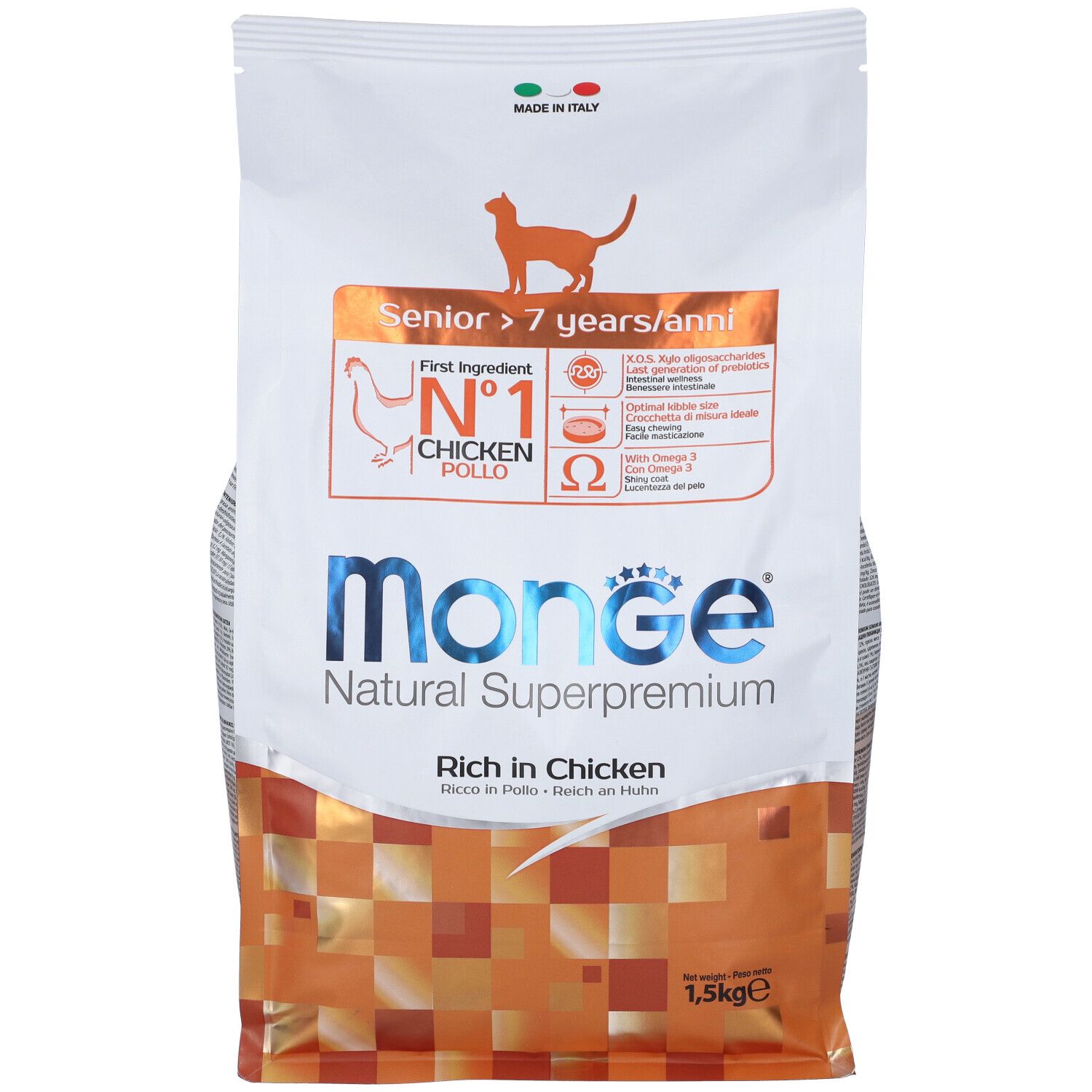 Monge Natural Superpremium per gatti senior, al pollo. Confezione da 1,5 kg. Contiene Omega 3 e 6. Prodotto in Italia.