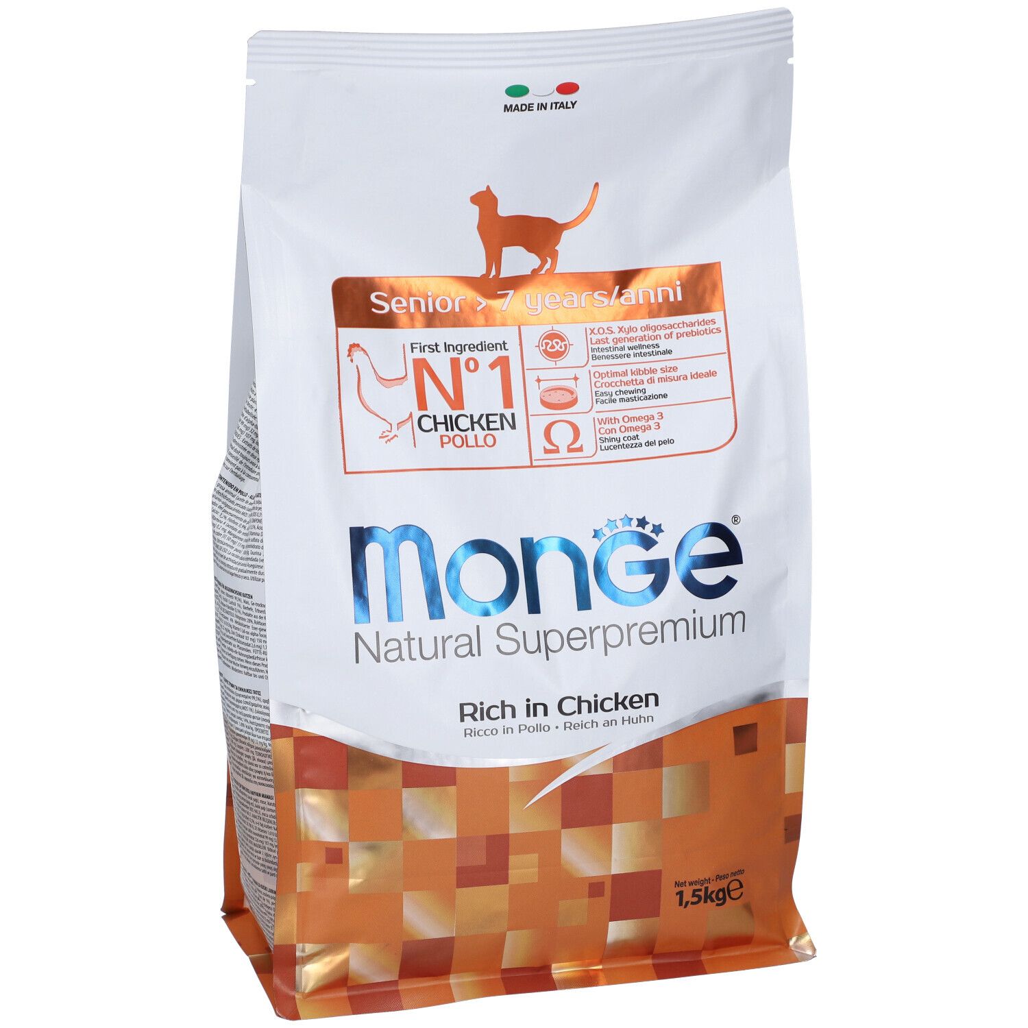 Monge Natural Superpremium per gatti senior, al pollo. Confezione da 1,5 kg. Contiene Omega 3 e 6. Prodotto in Italia.