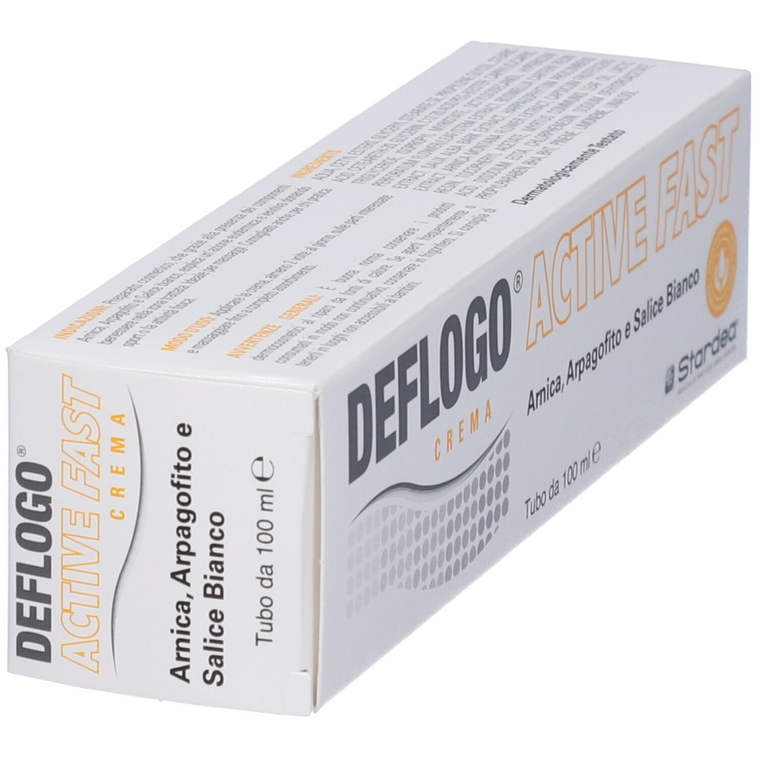 Confezione di Deflogo Crema in prospettiva. Scatola bianca con nome del prodotto e ingredienti. Logo e testo in nero e arancione.