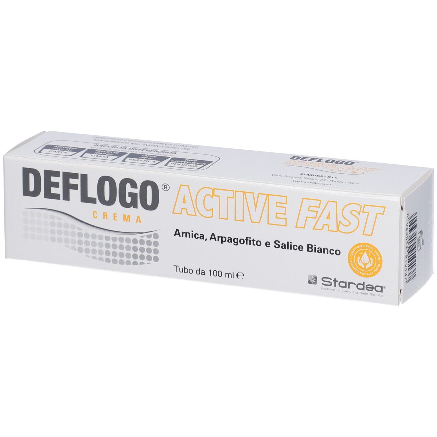 Confezione di Deflogo Crema. Scatola bianca con nome del prodotto e ingredienti. Logo e testo in nero e arancione.