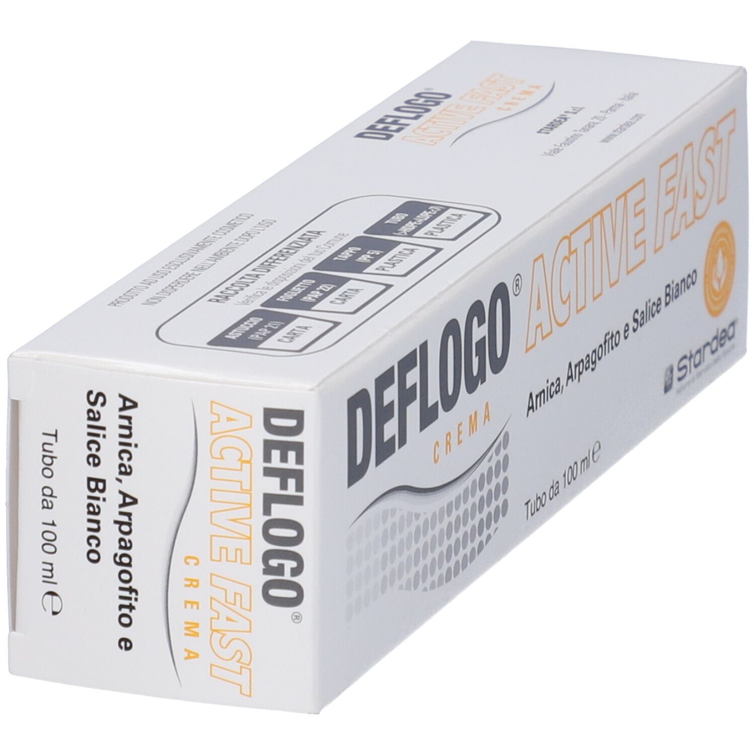 Confezione di Deflogo Crema in prospettiva. Scatola bianca con nome del prodotto e ingredienti. Logo e testo in nero e arancione.