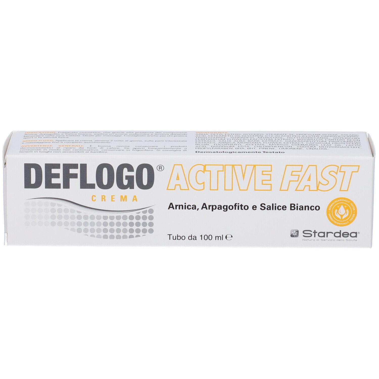 Confezione di Deflogo Crema. Scatola bianca con nome del prodotto e ingredienti. Logo e testo in nero e arancione.