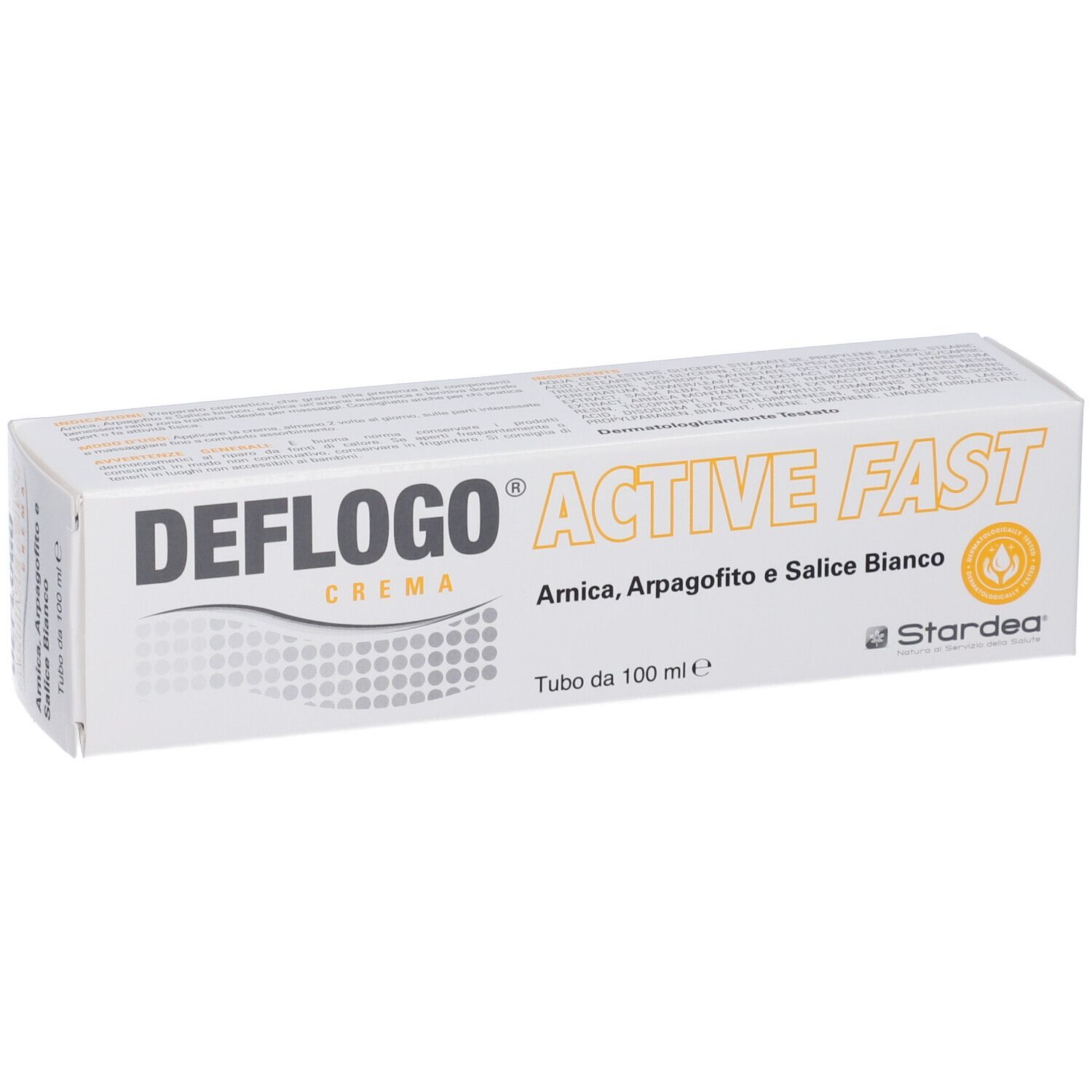 Confezione di Deflogo Crema. Scatola bianca con nome del prodotto e ingredienti. Logo e testo in nero e arancione.