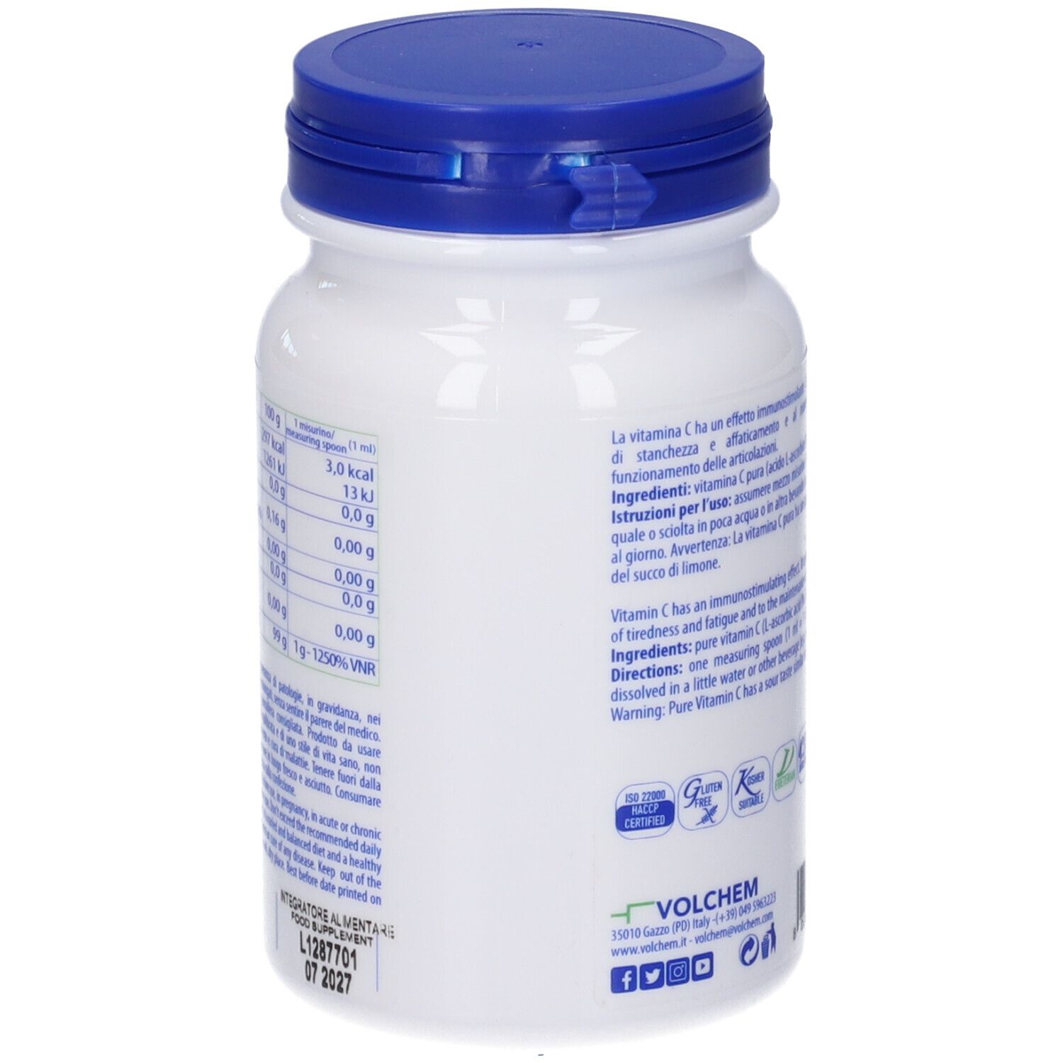 Retro di un barattolo bianco con coperchio blu. Informazioni nutrizionali e avvertenze. Marchio: Volchem. Data di scadenza.