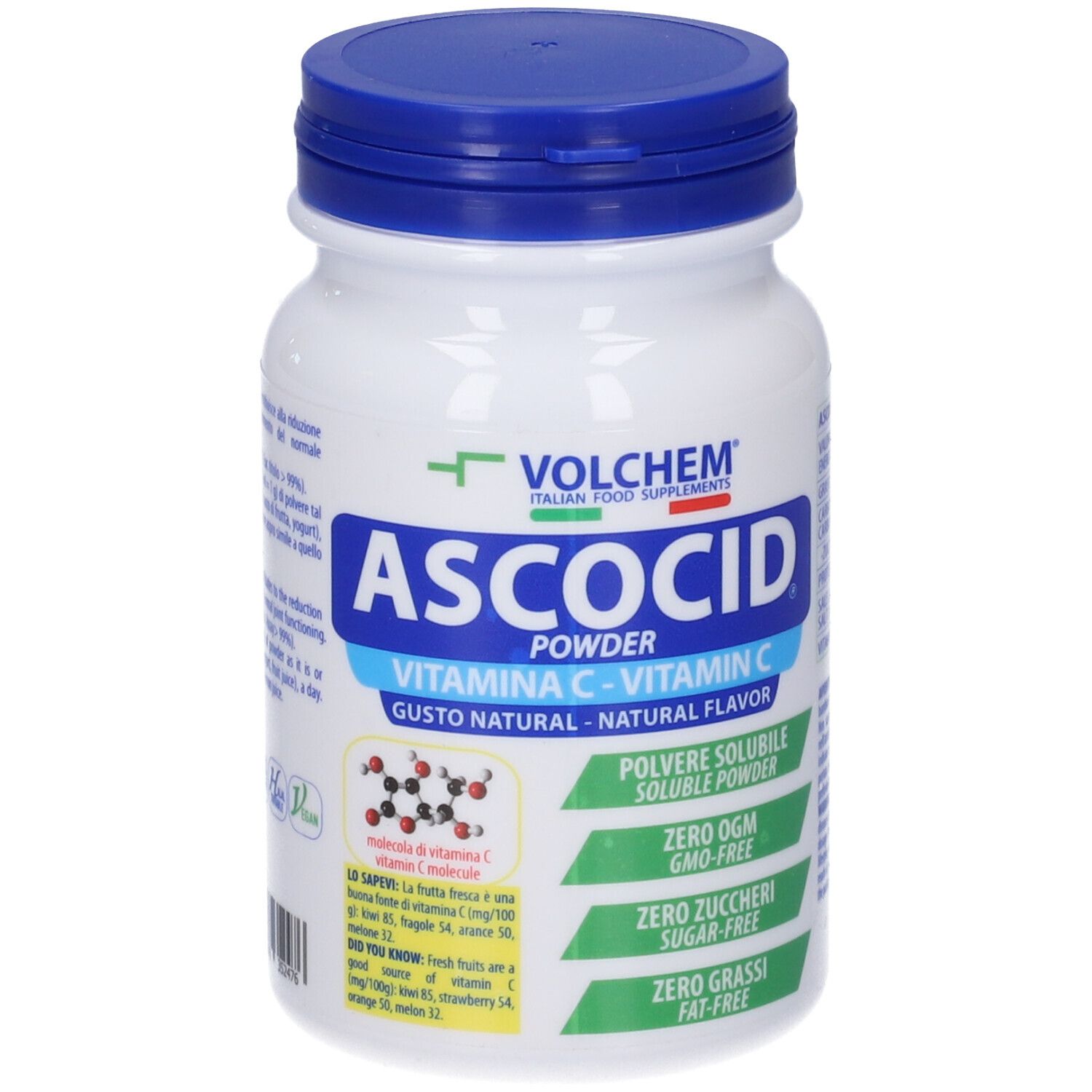 Barattolo bianco con coperchio blu. Scritta: Ascocid Powder, Vitamina C. Contiene polvere solubile. Marchio: Volchem.