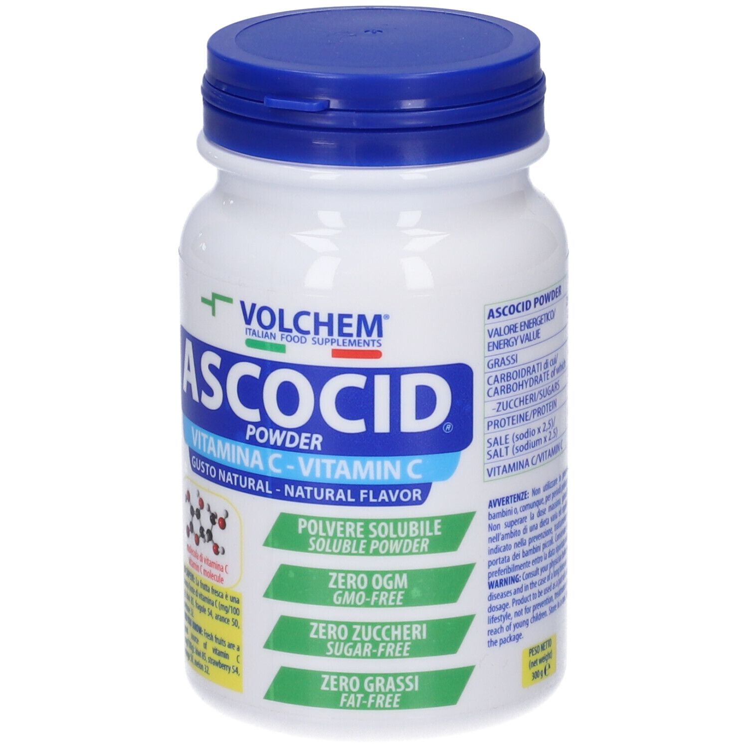 Barattolo bianco con coperchio blu. Scritta: Ascocid Powder, Vitamina C. Contiene polvere solubile. Marchio: Volchem. Valori nutrizionali.