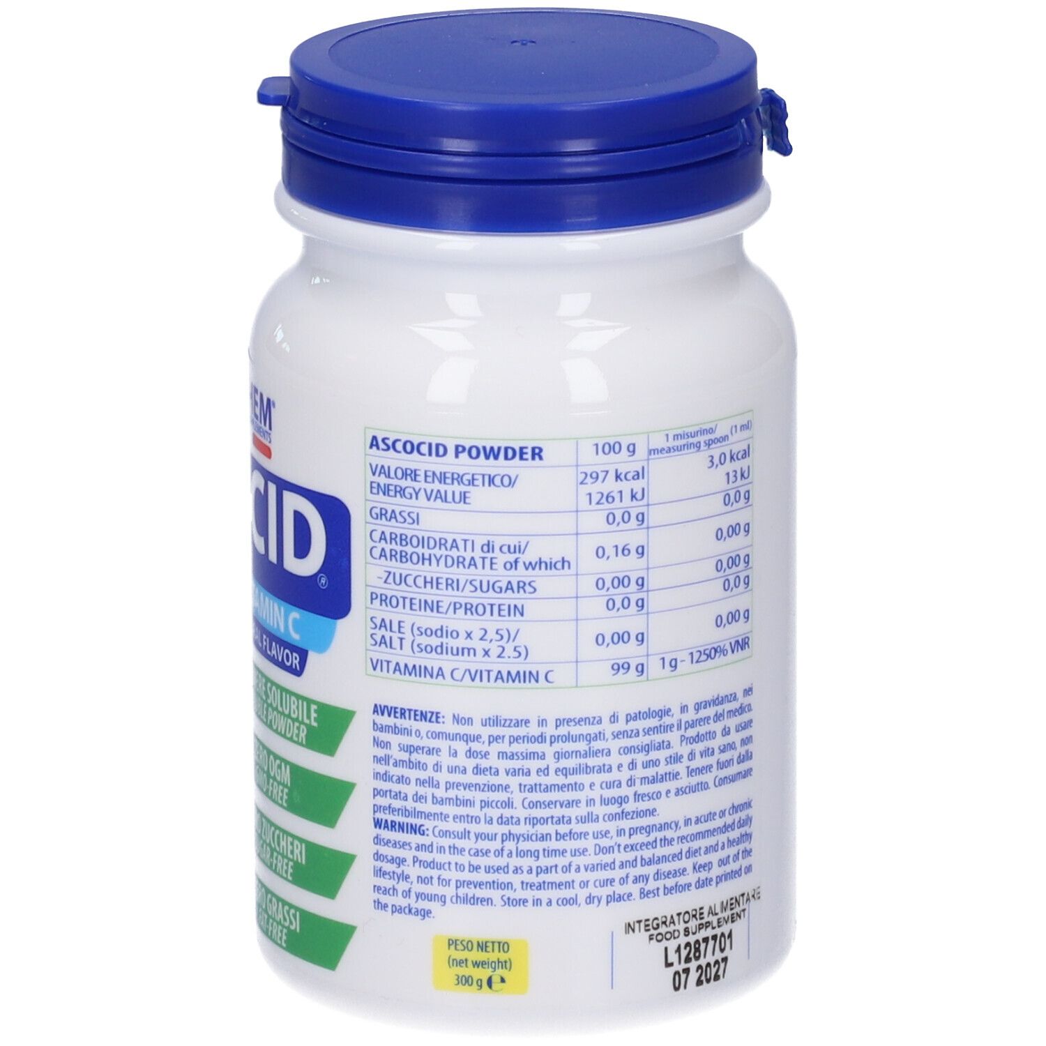Retro di un barattolo bianco con coperchio blu. Informazioni nutrizionali, avvertenze. Marchio: Volchem. Data di scadenza.