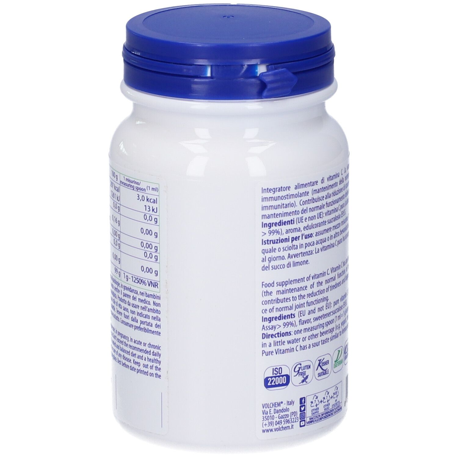 Retro del barattolo bianco con coperchio blu. Informazioni nutrizionali e certificazioni. Logo ISO 22000.