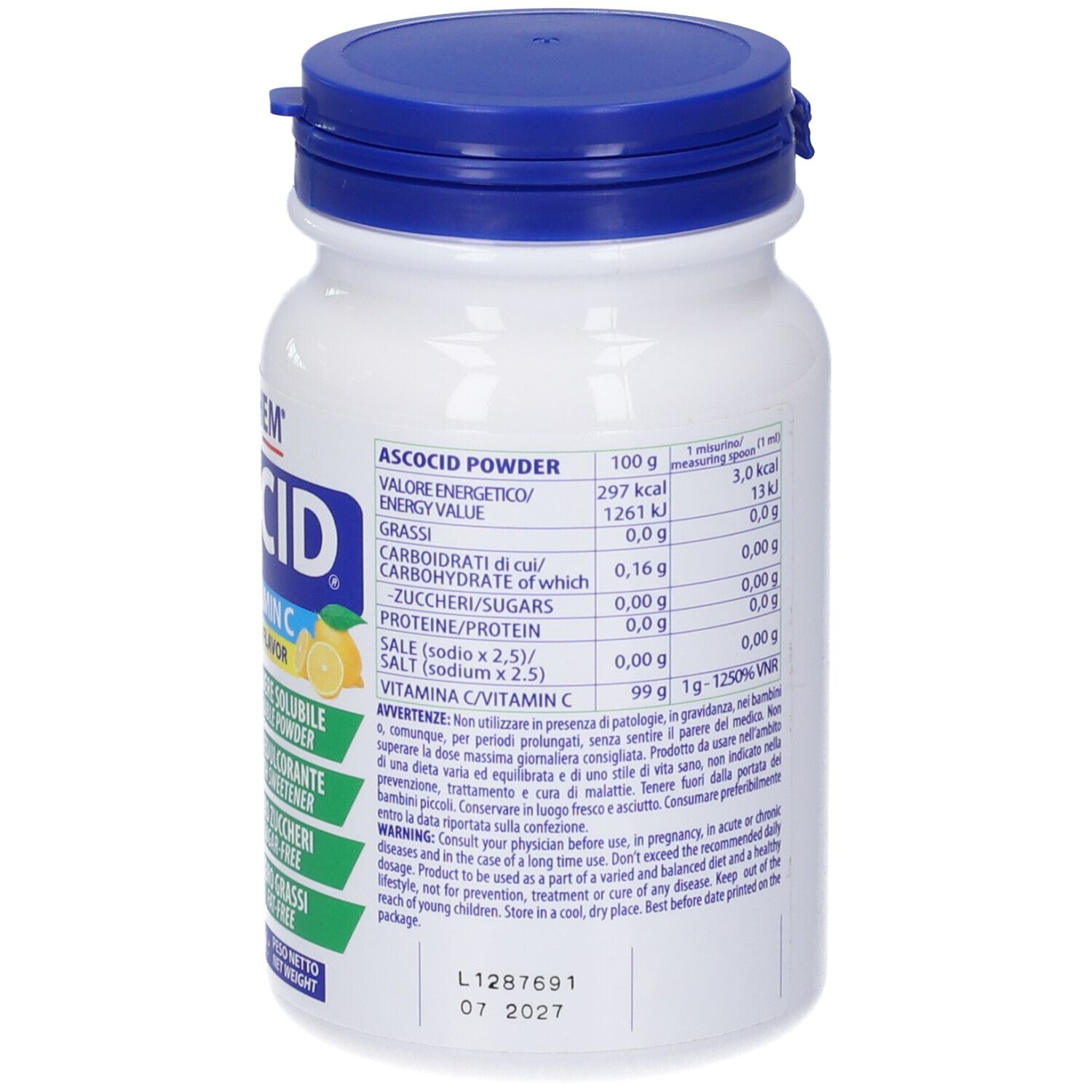 Polvere bianca in barattolo blu. Scritta: Ascocid Powder, Vitamina C, gusto limone. 300g.