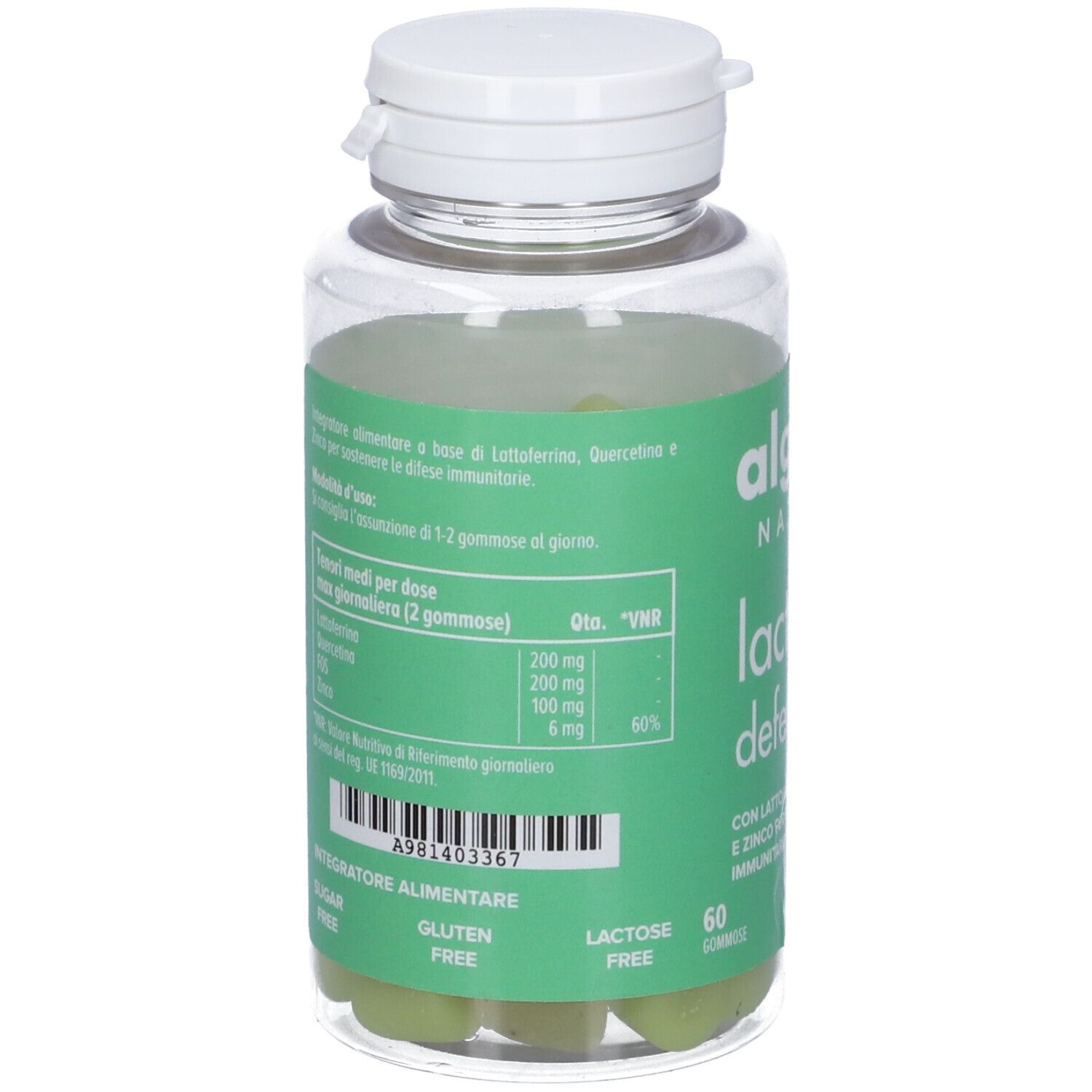 Retro del flacone con caramelle gommose verdi. Testo: Lacto Defence, Algem Natura. Senza glutine, senza lattosio. Valori nutrizionali.