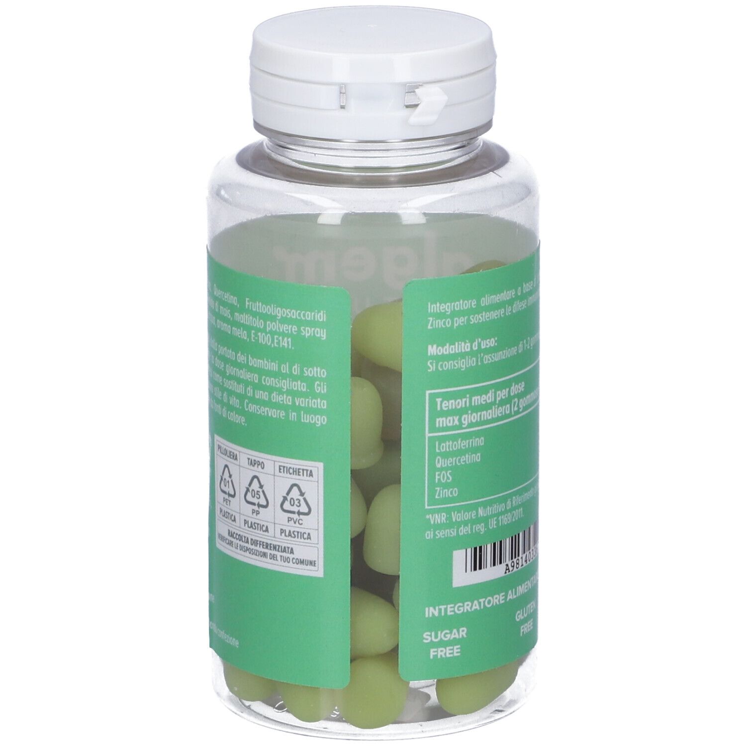 Retro del flacone con caramelle gommose verdi. Testo: Lacto Defence, Algem Natura. Ingredienti, avvertenze, simboli di riciclaggio.
