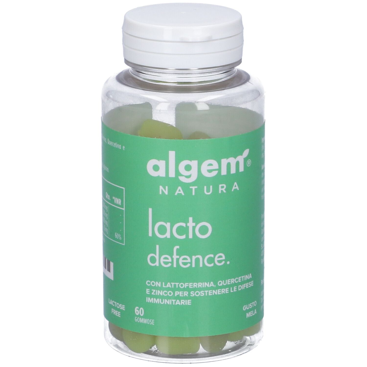 Flacone trasparente con caramelle gommose verdi. Etichetta: Lacto Defence, Algem Natura. 60 caramelle.