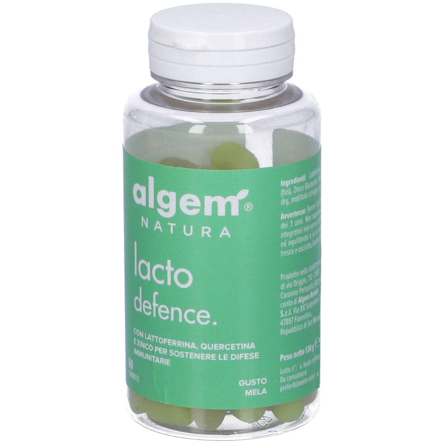 Flacone trasparente con caramelle gommose verdi. Etichetta: Lacto Defence, Algem Natura. 60 caramelle.
