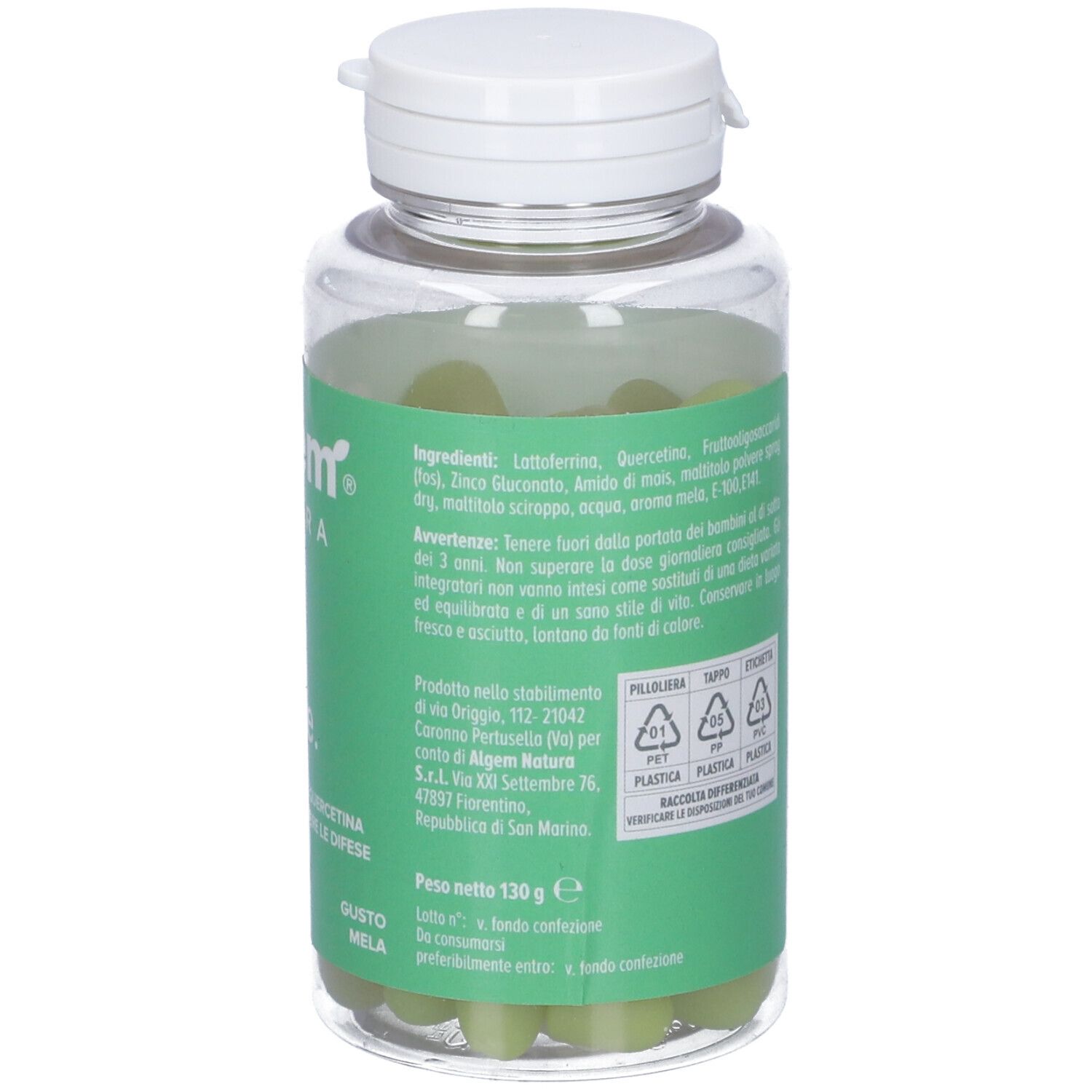 Retro del flacone con caramelle gommose verdi. Testo: Lacto Defence, Algem Natura. Ingredienti, peso 130g.