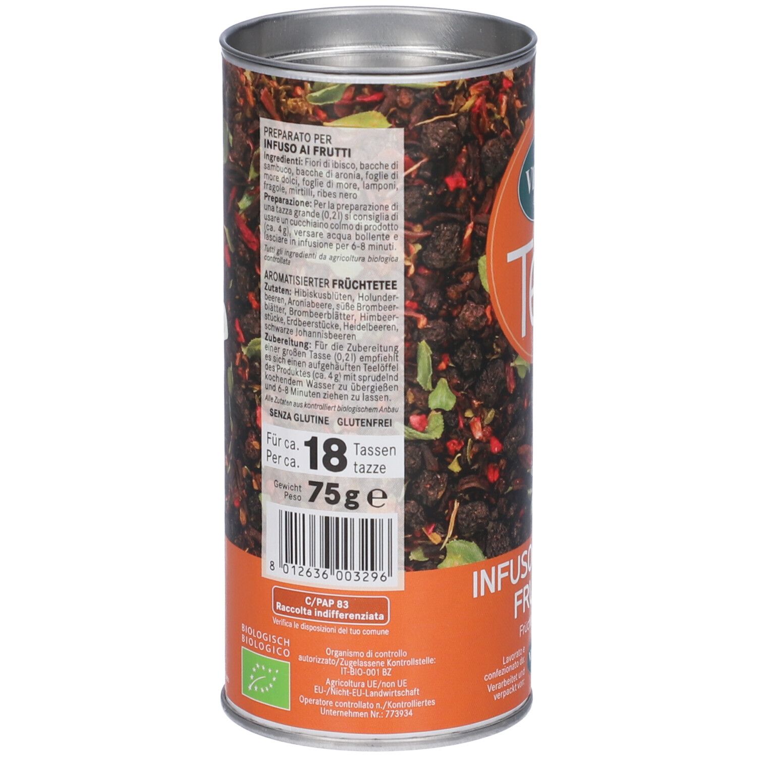 Retro del barattolo con testo, ingredienti e codice a barre. Contiene 75g per circa 18 tazze. Sigillo bio.