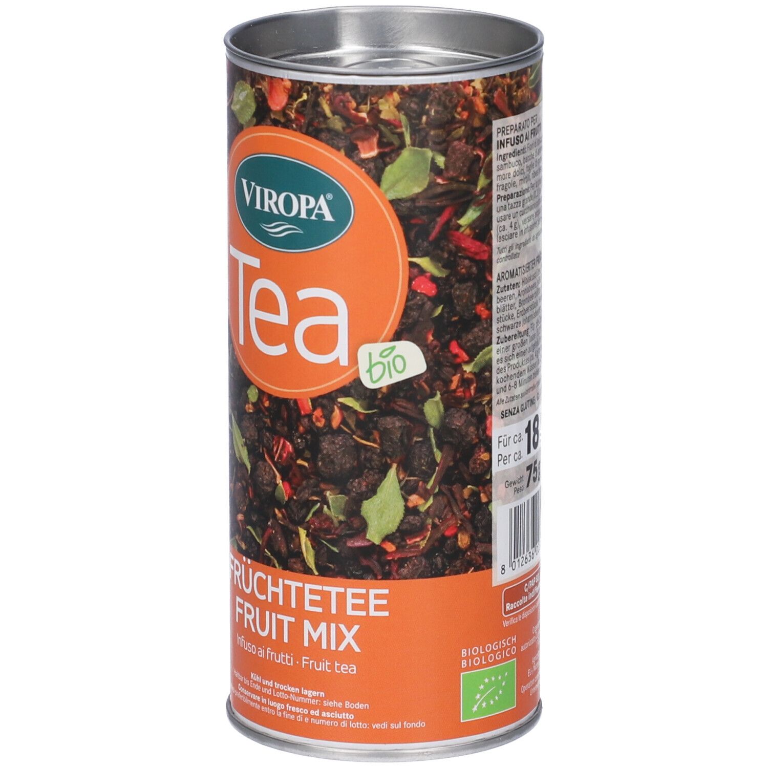 Barattolo cilindrico con scritta "Tea" e "Früchtetee Fruit Mix". Sigillo bio. Contenuto visibile.
