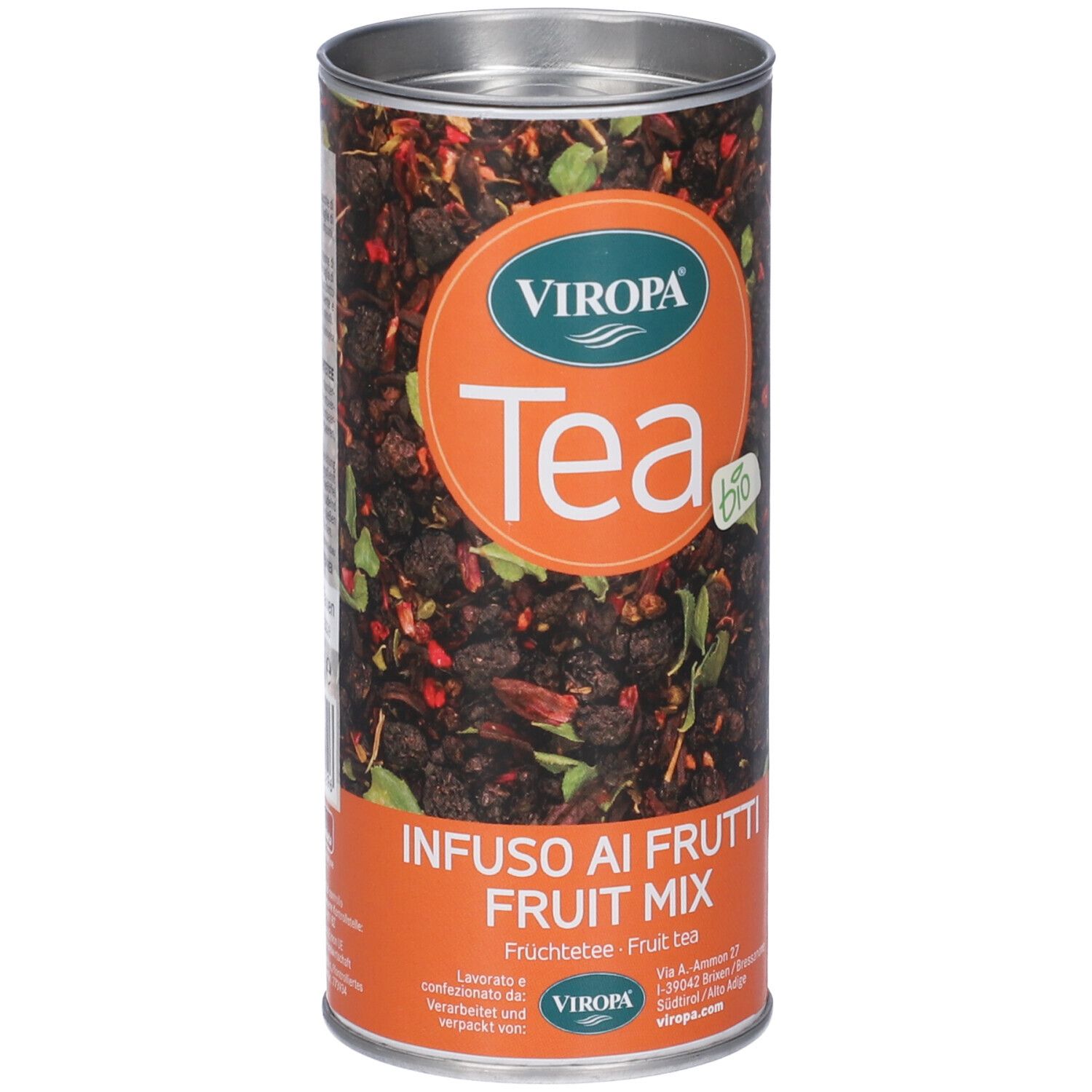 Barattolo cilindrico con scritta "Tea" e "Infuso ai Frutti Fruit Tea". Sigillo bio. Contenuto visibile.