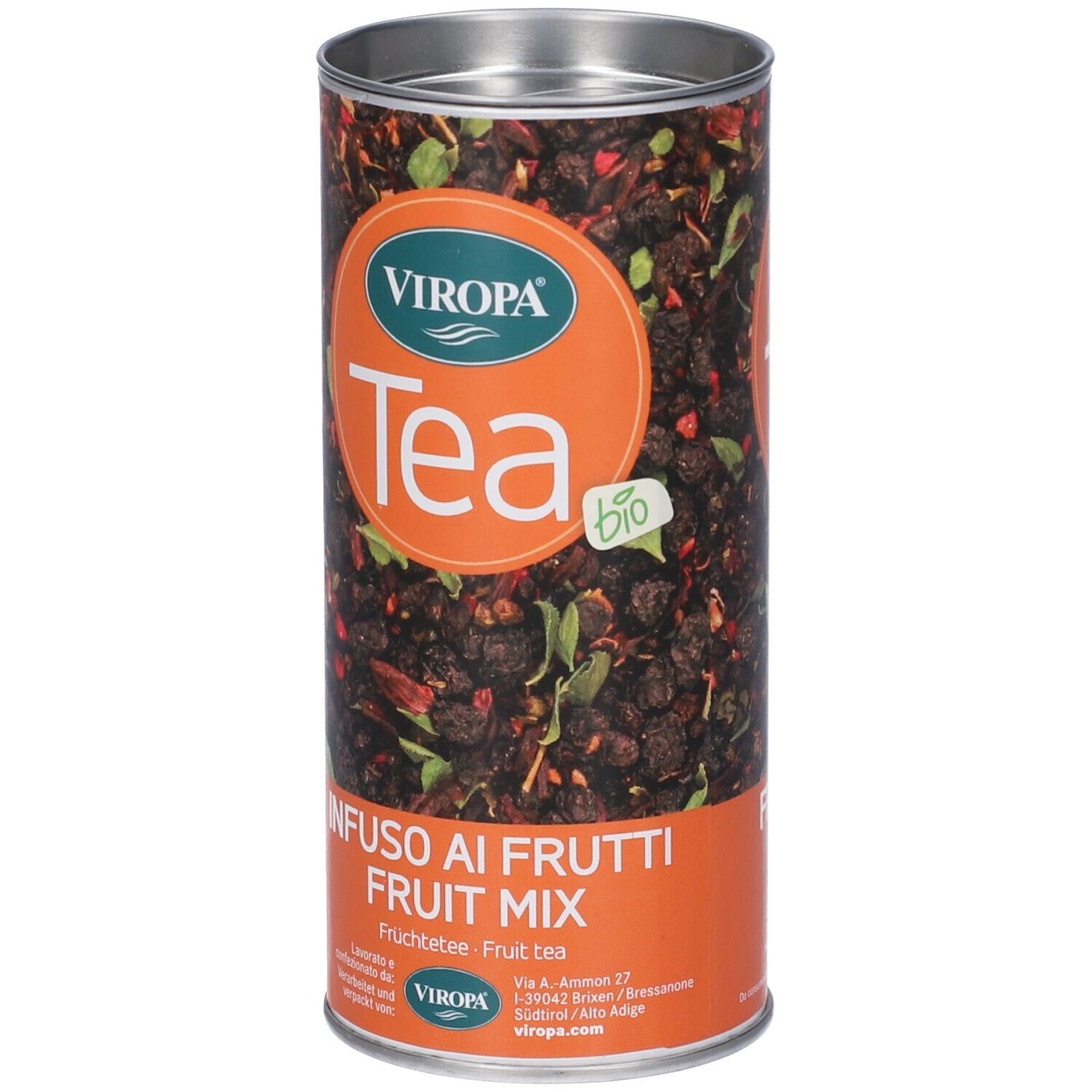 Barattolo cilindrico con scritta "Tea" e "Infuso ai Frutti Fruit Mix". Sigillo bio. Contenuto visibile.