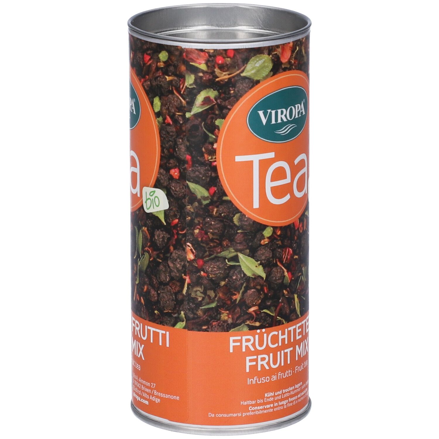 Barattolo cilindrico con scritta "Tea" e "Früchtetee Fruit Mix". Sigillo bio. Contenuto visibile.
