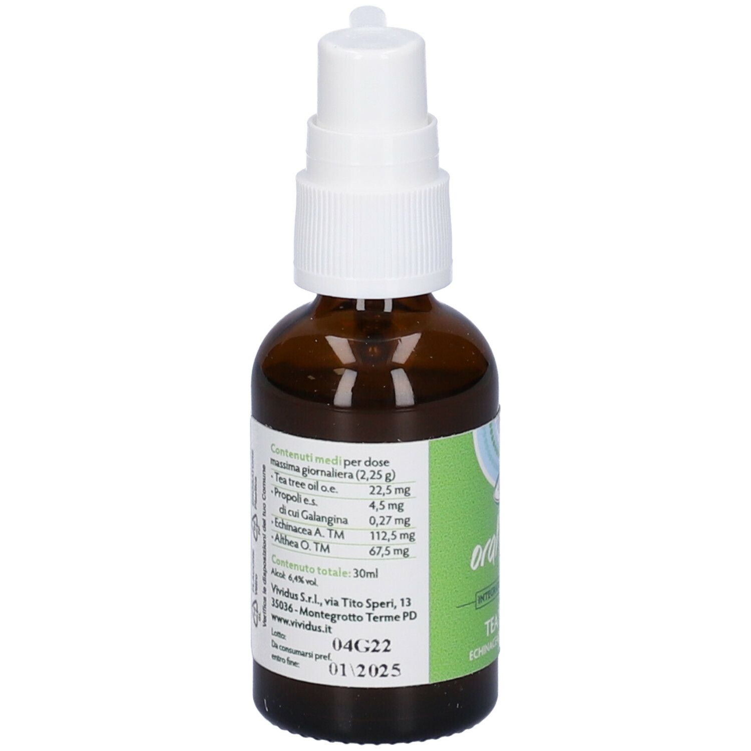 Flacone di vetro marrone con vaporizzatore. Etichetta con ingredienti. Scritta: 30 ml. Scadenza 01 2025.