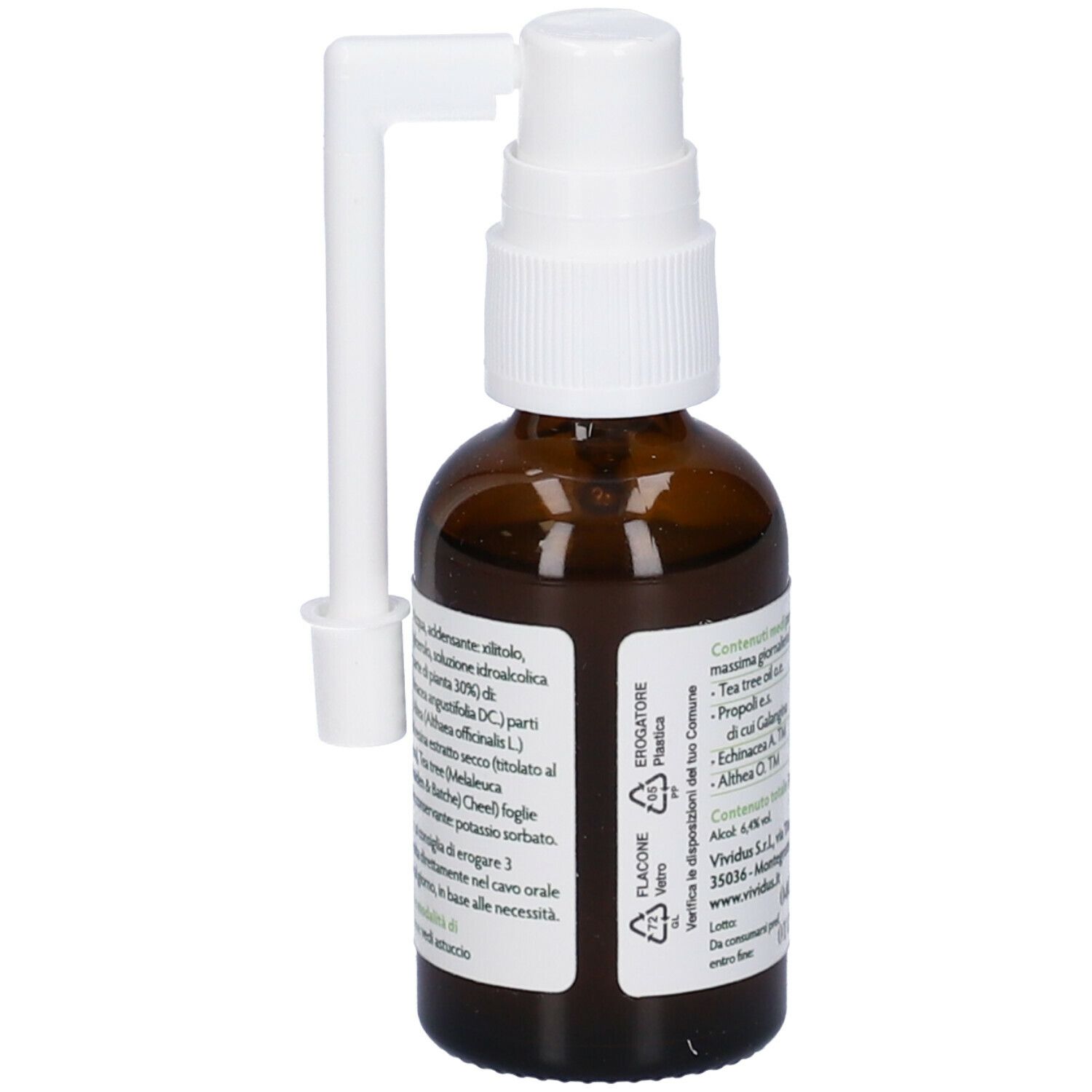 Flacone di vetro marrone con vaporizzatore e applicatore. Etichetta con ingredienti. Scritta: 30 ml.