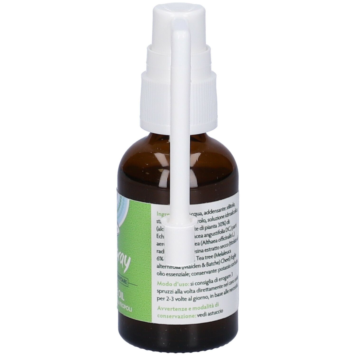 Flacone di vetro marrone con vaporizzatore e applicatore. Etichetta con ingredienti. Scritta: 30 ml.