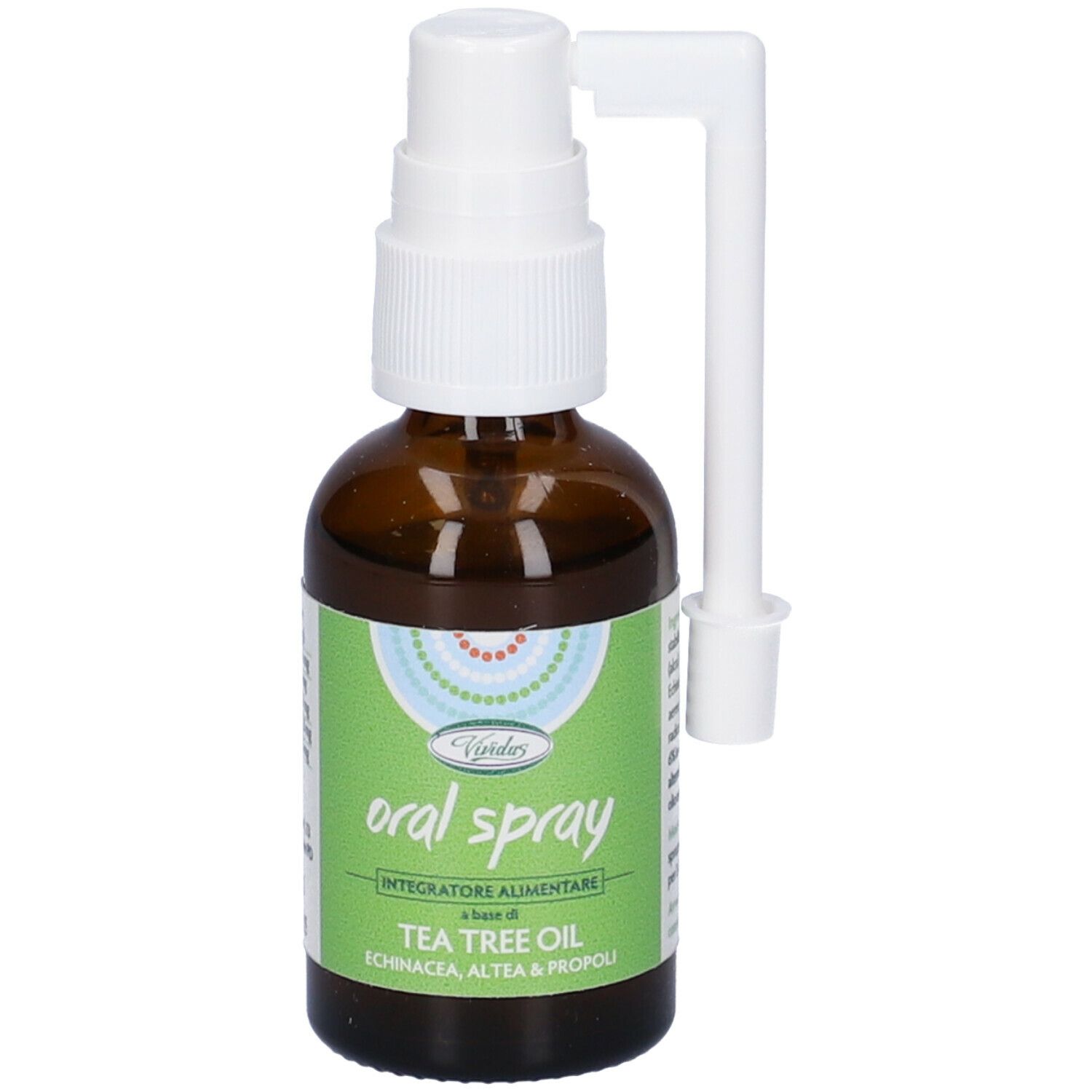Flacone di vetro marrone con vaporizzatore e applicatore. Etichetta con ingredienti. Scritta: 30 ml.
